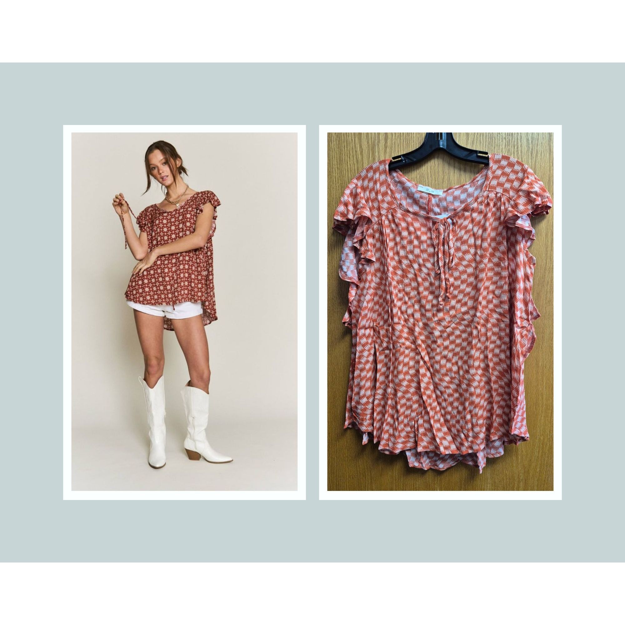 Other Rust-Red Floral Ruffle Sleeve Rayon Top With Tie Neck Large Size L / US 10 / IT 46 - 1 Thumbnail