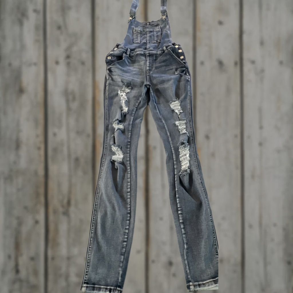 Denime Judy Blue Distressed Denim Overalls Womens M Whiskers Blue Skinny Thrashed Size 32" / US 10 / IT 46 - 1 Thumbnail