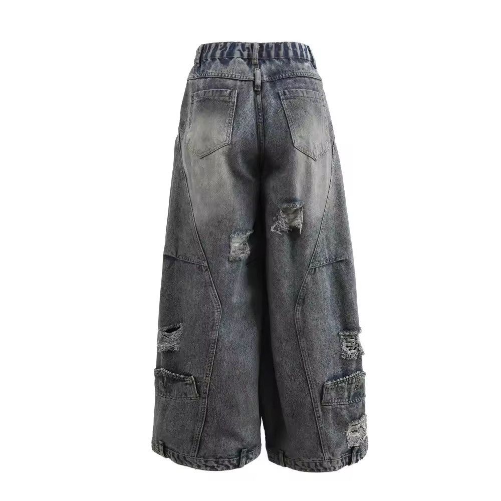 Jean Washed Distressed Ripped Elastic Waist Wide Leg Jeans Pants Size US 26 / EU 42 - 4 Thumbnail