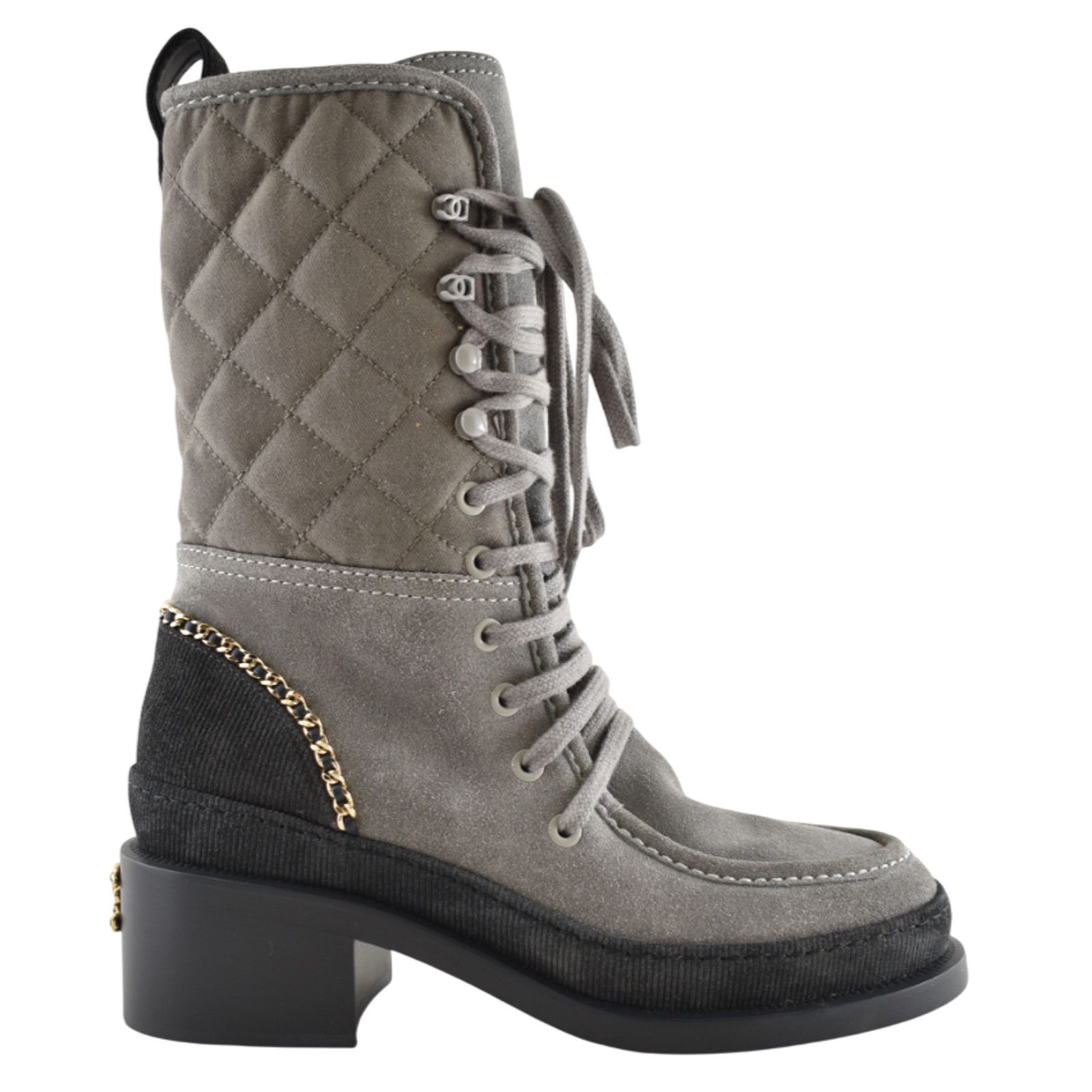 Chanel Chanel 24K Grey Quilted Suede Chain CC Combat Boots 36 Size US 6 / IT 36 - 1 Thumbnail