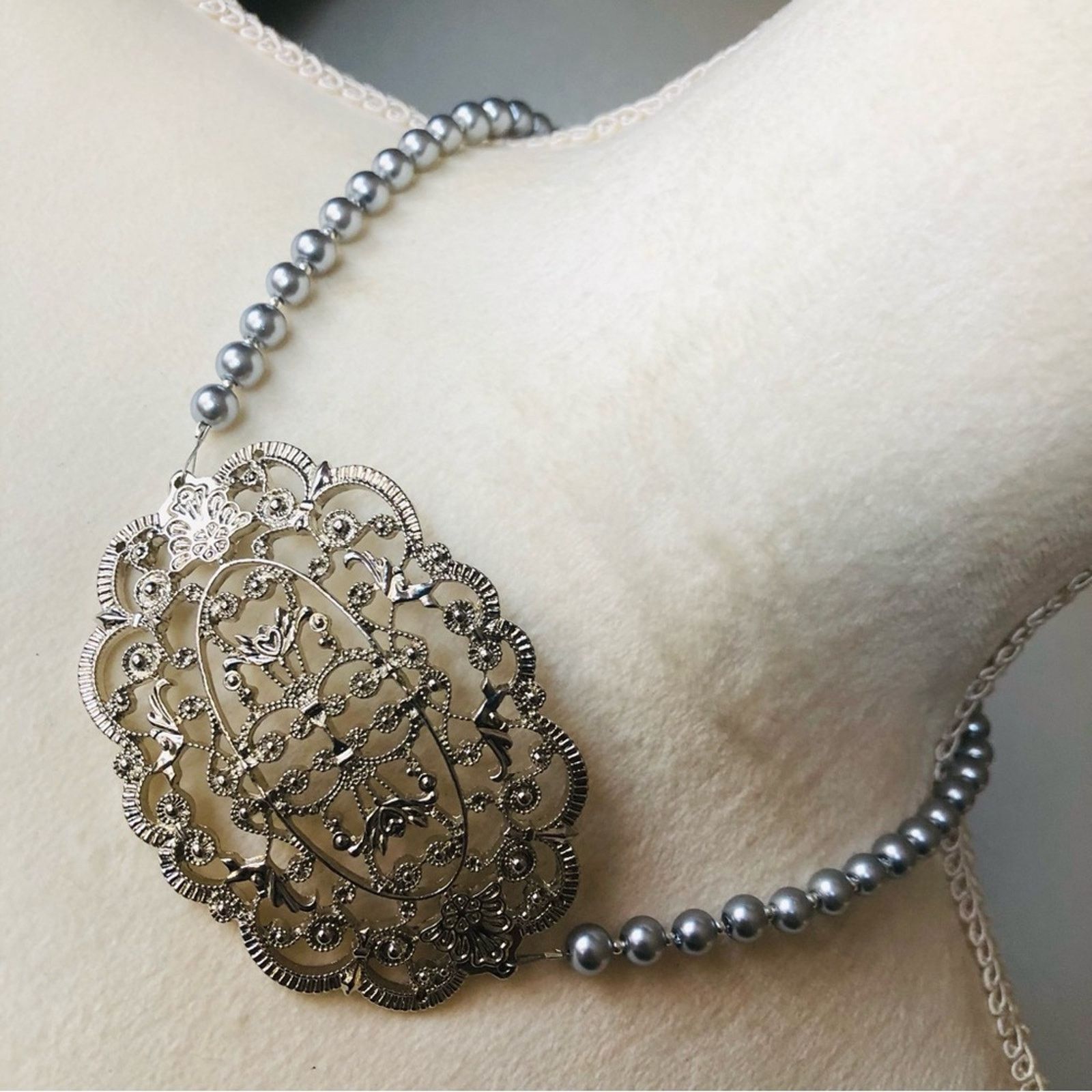 Handmade Handcrafted repurpose large silver filigree Pearl necklace Size ONE SIZE - 1 Thumbnail