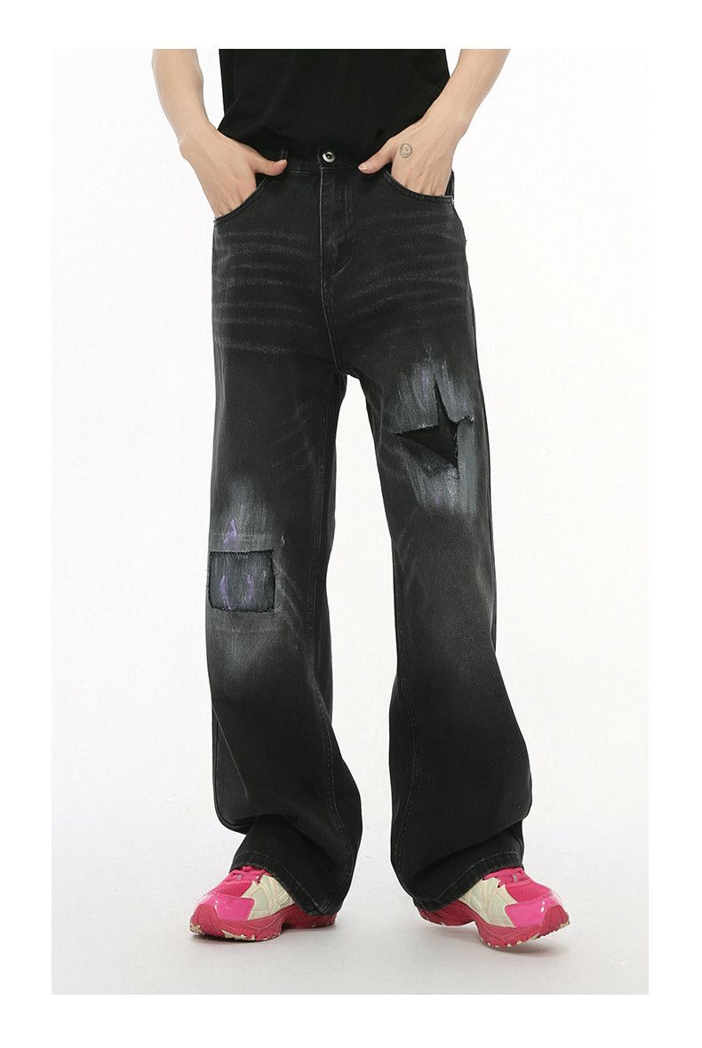 Japanese Brand × Jean Street vintage patchwork ripped straight black jeans Size US 32 / EU 48 - 1 Thumbnail