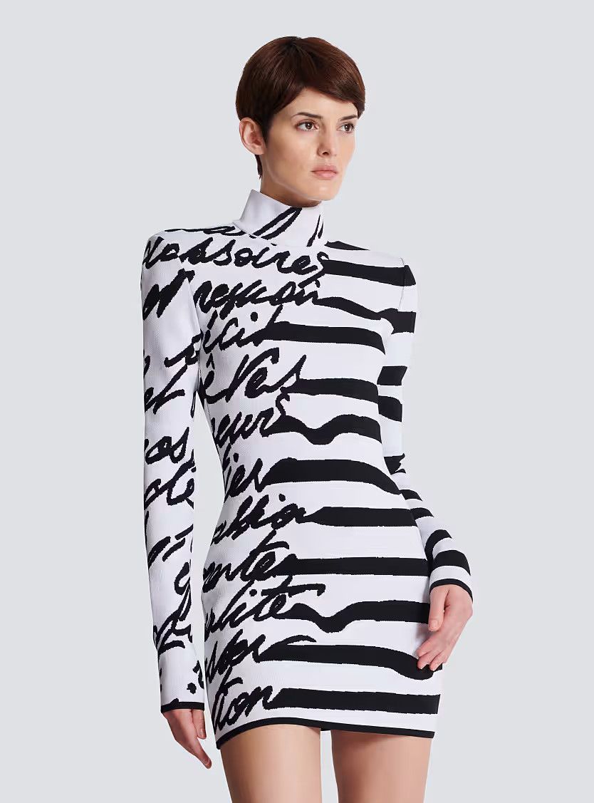 Balmain o1s1wg111225 Striped jacquard Knit Dress in White/Black Size S / US 4 / IT 40 - 5 Thumbnail