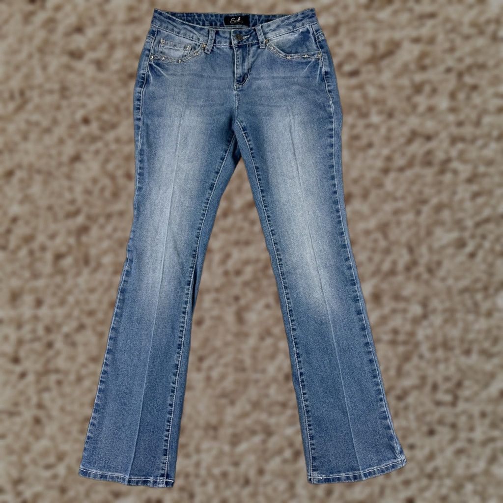 Vintage Earl Jean Jeans Women Blue Denim Slim Boot Mid 27x29 5-Pocket Embroidered Bling Belt Loop Zipper Hemmed Size 27" / US 4 / IT 40 - 1 Thumbnail