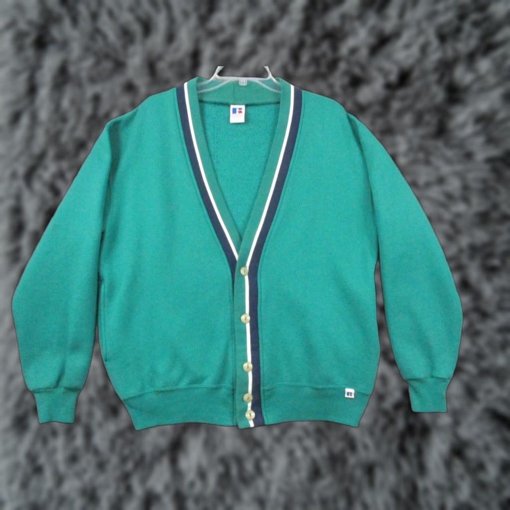 Russell Athletic VINTAGE Russell Athletic Large Green 1990s Made in USA Blank Cardigan Mens L Green 1990s Cardigan Russell Athletic Blank Cardigan Size US L / EU 52-54 / 3 - 1 Thumbnail