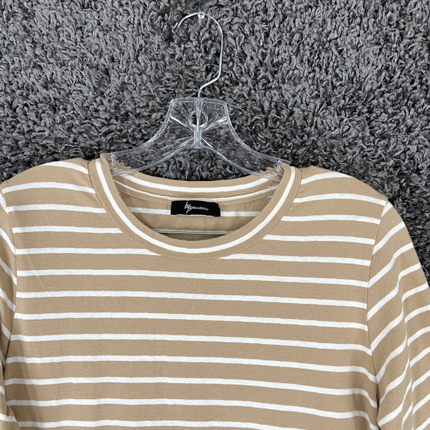 Bebe Messe Bebe Beige White Striped Dress T-Shirt Dress Pockets L Women Knee Length Size L / US 10 / IT 46 - 6 Thumbnail