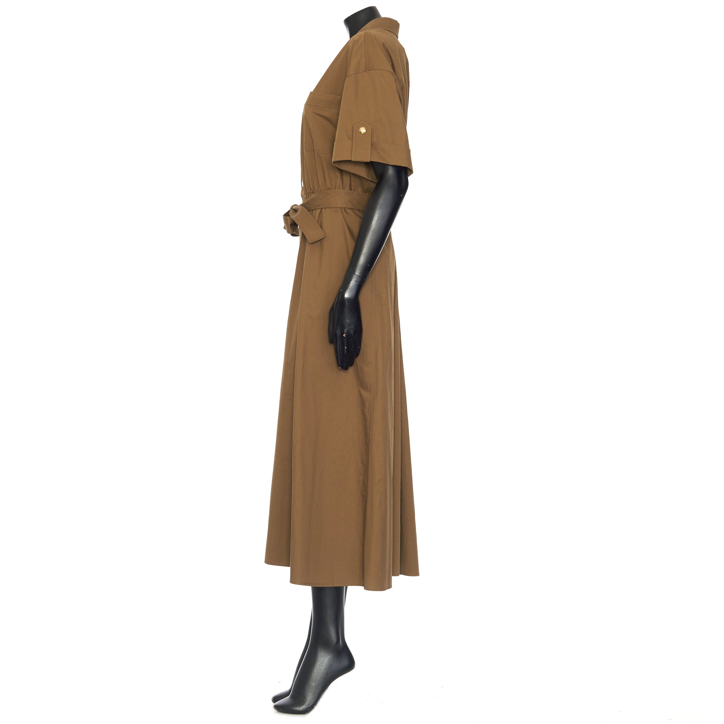 Celine Short-Sleeved Safari Dress In Olive Green Cotton Twill Size L / US 10 / IT 46 - 3 Thumbnail