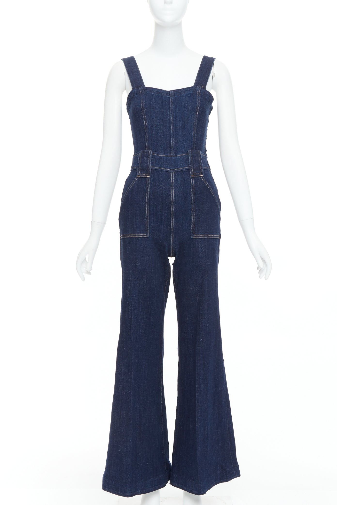 7 For All Mankind 7 FOR ALL MANKIND indigo blue denim wide flare dungaree jumpsuit XS Size 27" / US 4 / IT 40 - 1 Thumbnail