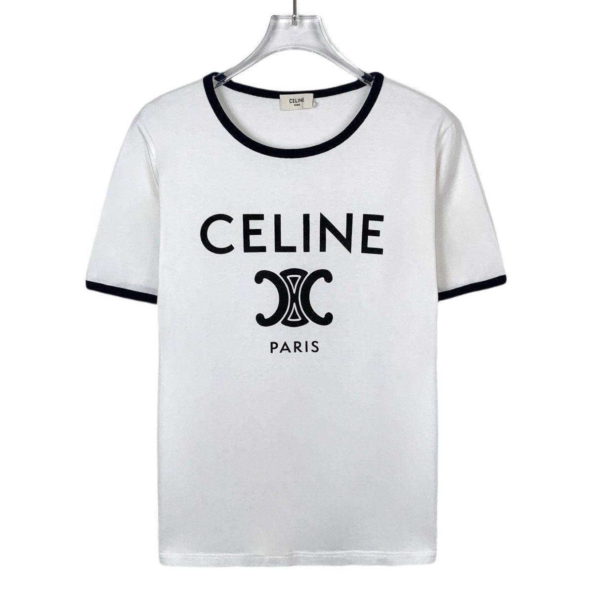 Celine Celine White Triomphe Printed Cotton Crew Neck T-Shirt K26WX Size S / US 4 / IT 40 - 1 Thumbnail