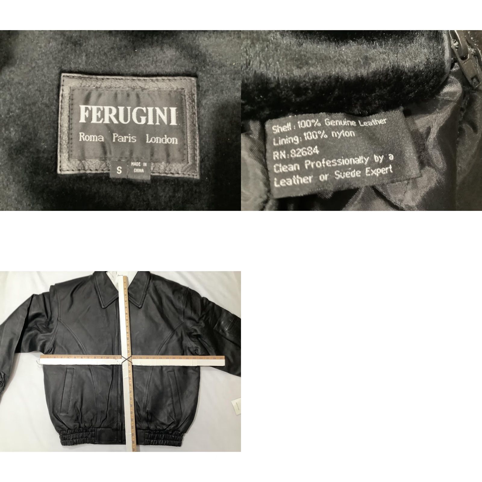 Vintage Ferugini Bomber Jacket Mens Small Black Genuine Leather Back Patch US Army Embroidered Zipper Full Zip Lined Pockets Elastic Waist Army USA Theme Size US S / EU 44-46 / 1 - 9 Thumbnail