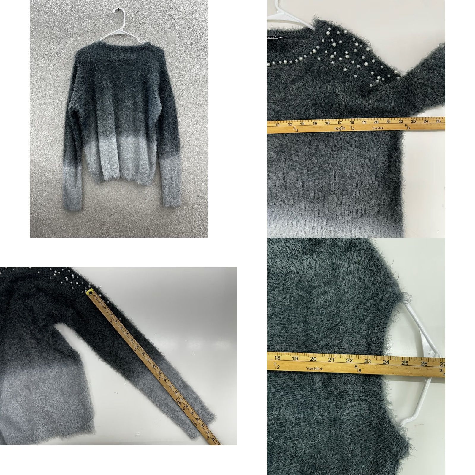 Venus Venus Sweater Shirt Womens Large Gray Ombre Fuzzy Long Sleeve Pearl Trim Knit Classic Bohemian - Note: This line contains extra text not allowed. Size L / US 10 / IT 46 - 8 Thumbnail