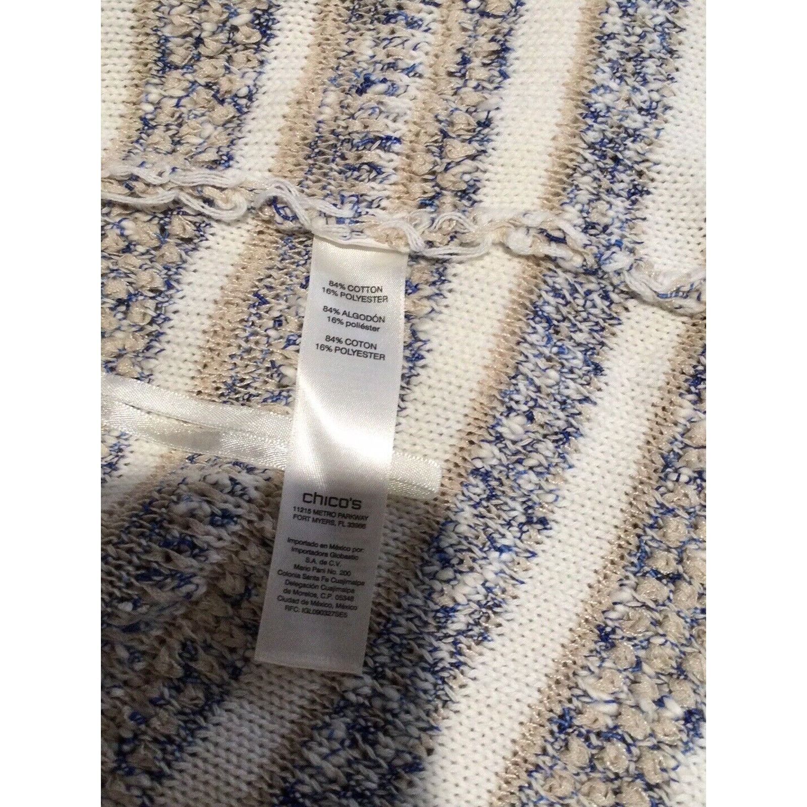 Chicos Chico's Fringe Tan Blue & White Knit Cardigan Size 0/S/4 Size S / US 4 / IT 40 - 14 Thumbnail