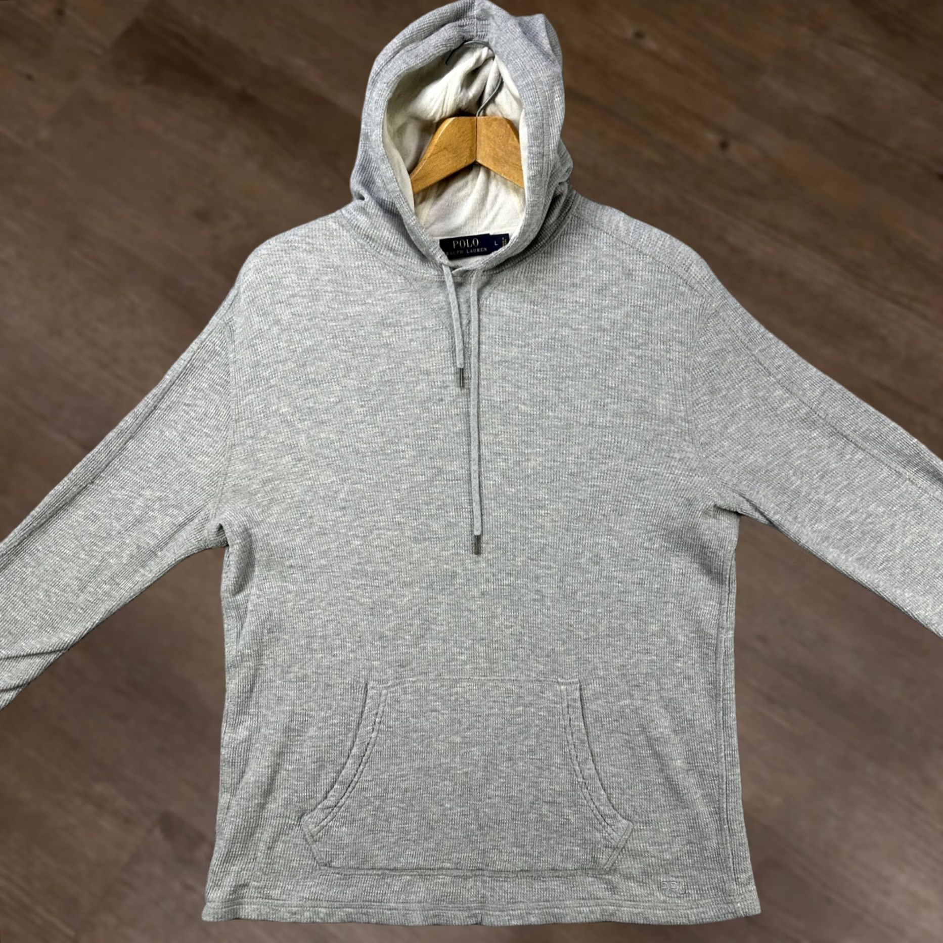 Polo Ralph Lauren VINTAGE Polo Ralph Lauren Hoodie Shirt Mens Large Gray Thermal Pullover 100% Pima Cotton Knit Logo Solid Round Neck Long Sleeve Drawstring Size US L / EU 52-54 / 3 - 1 Thumbnail