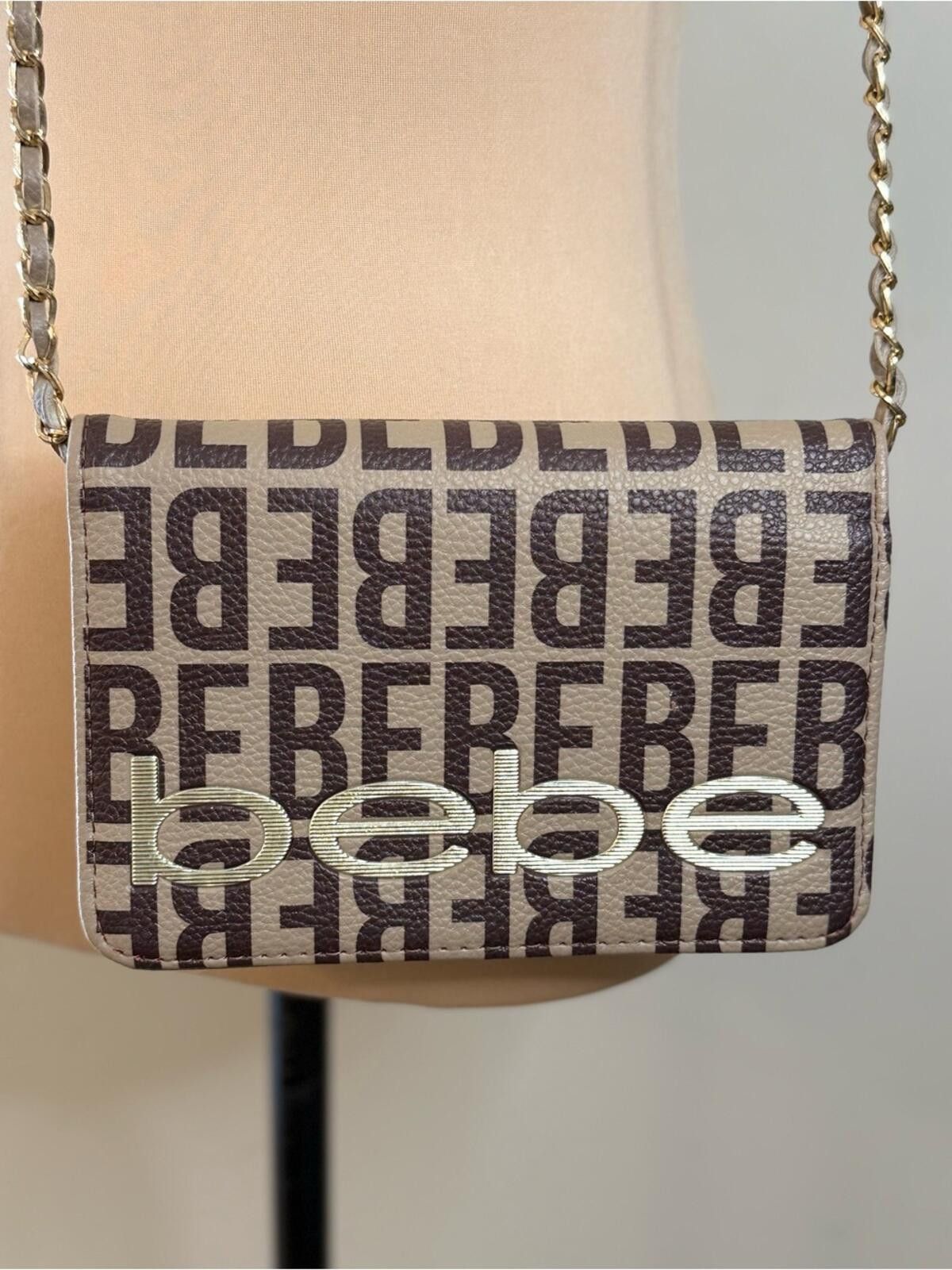 United Colors Of Benetton Bebe logo mini shoulder bag in tan black zips card slots Size ONE SIZE - 3 Thumbnail
