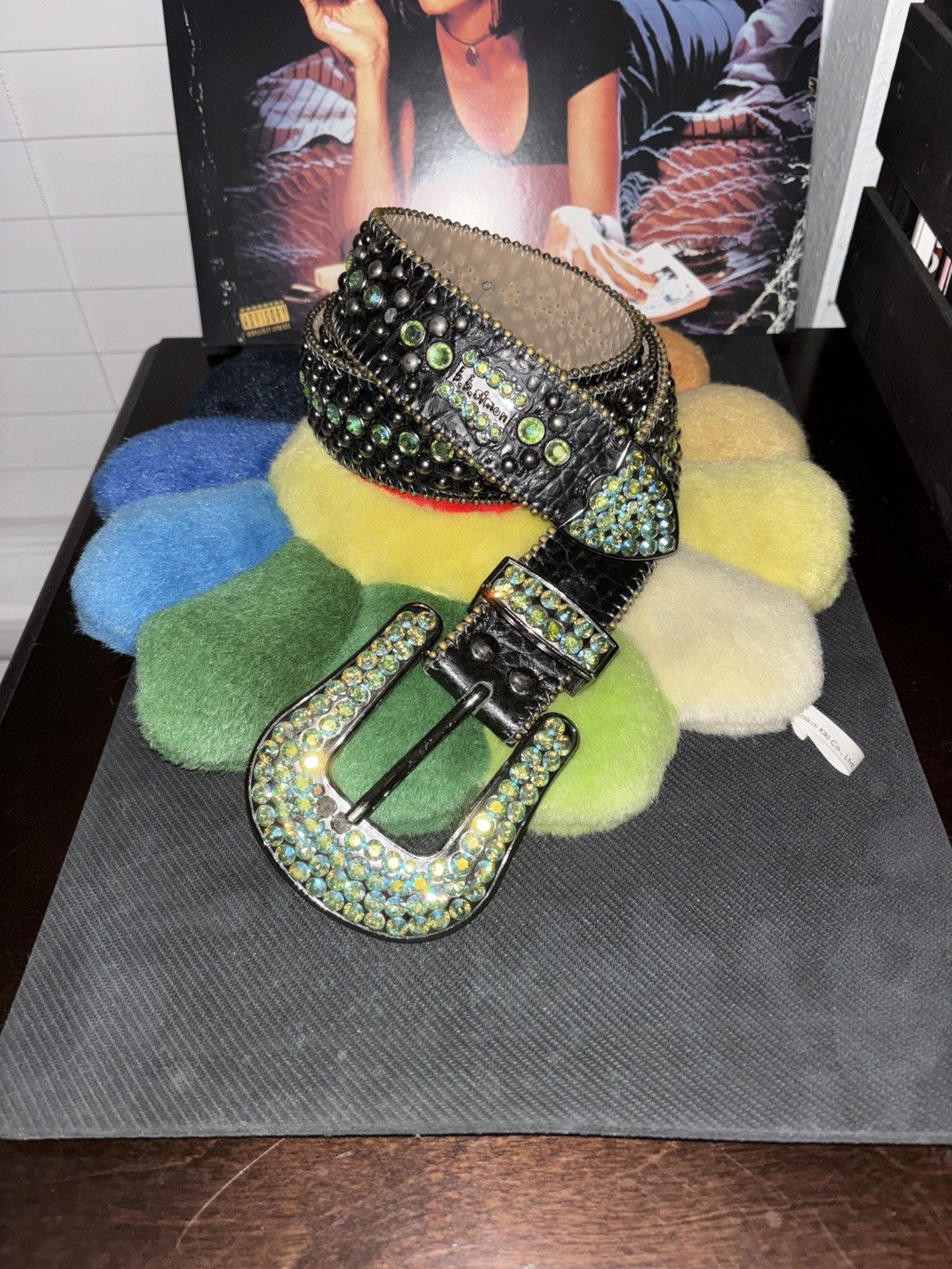 B.B. Simon Swarovski crystal black hair on hide belt with light blue Crystals. bb simon belt 36” authentic bb simon VERONICA... | Depop main image 2