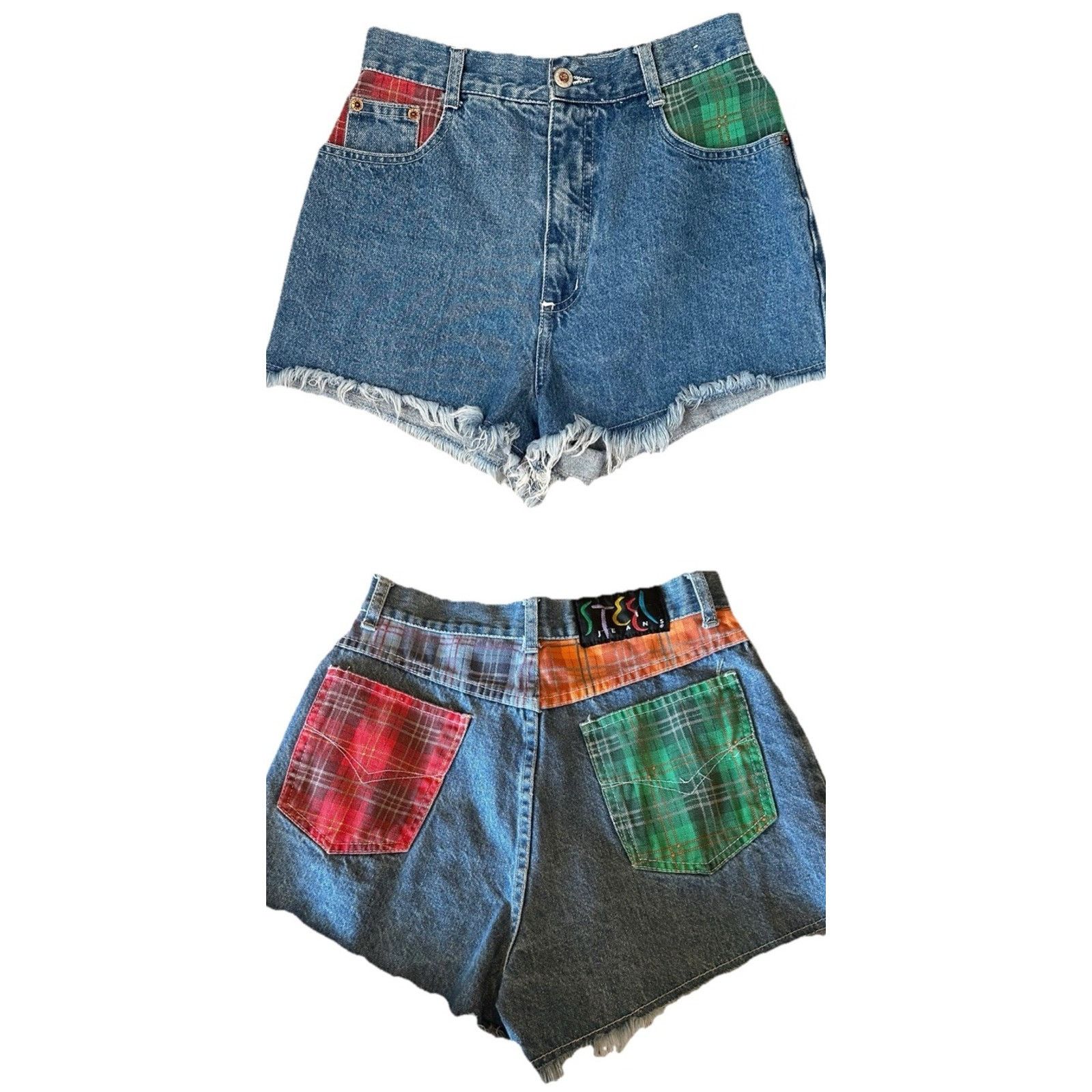 Other Vtg 90s Y2K Steel Denim Jean Shorts Plaid Pockets High Rise Size 26" / US 2 / IT 38 - 1 Thumbnail