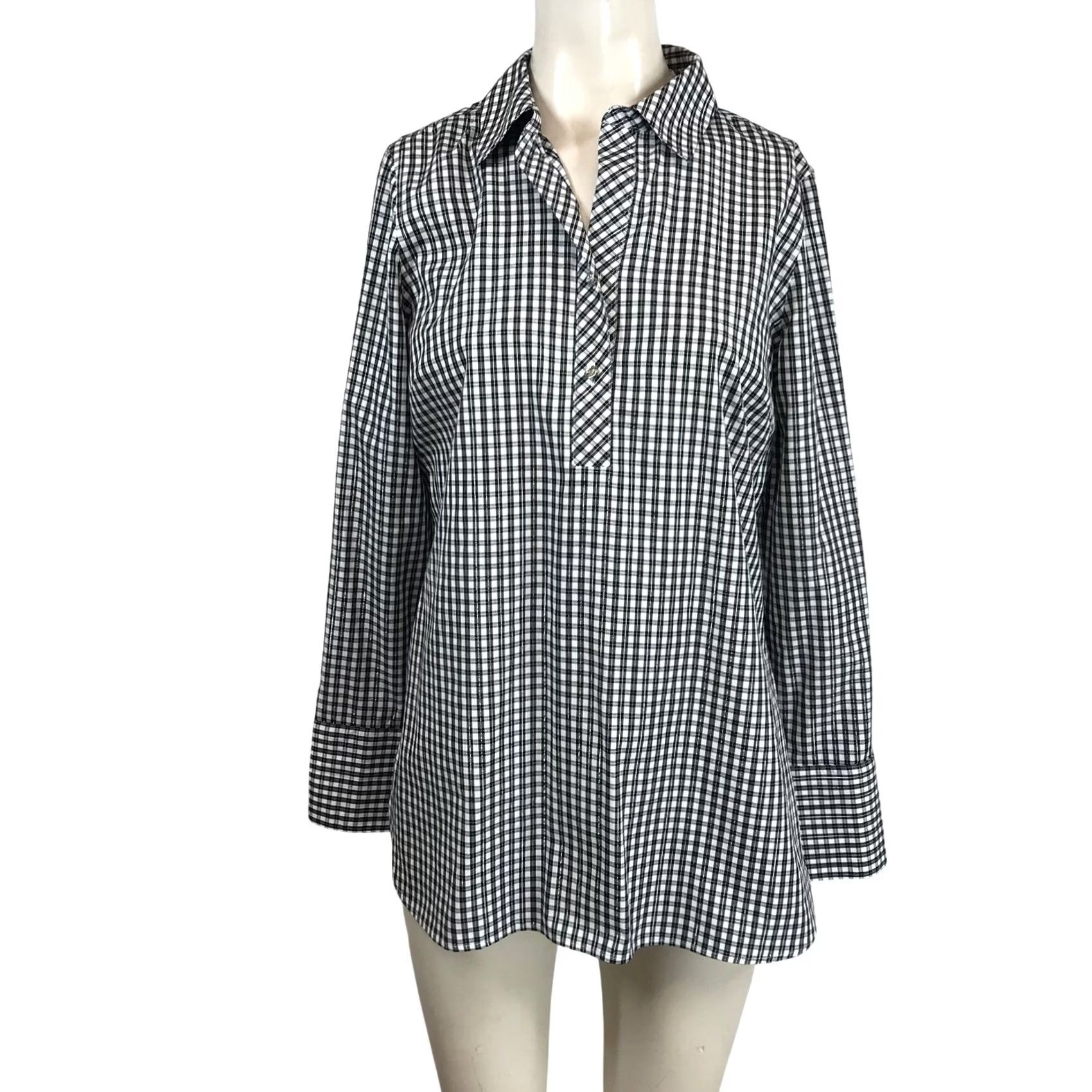 Talbots Talbots Blouse Shirt Gingham Check Non-Iron Popover Long Sleeve Woman Black White Silver Metallic Size S / US 4 / IT 40 - 2 Thumbnail