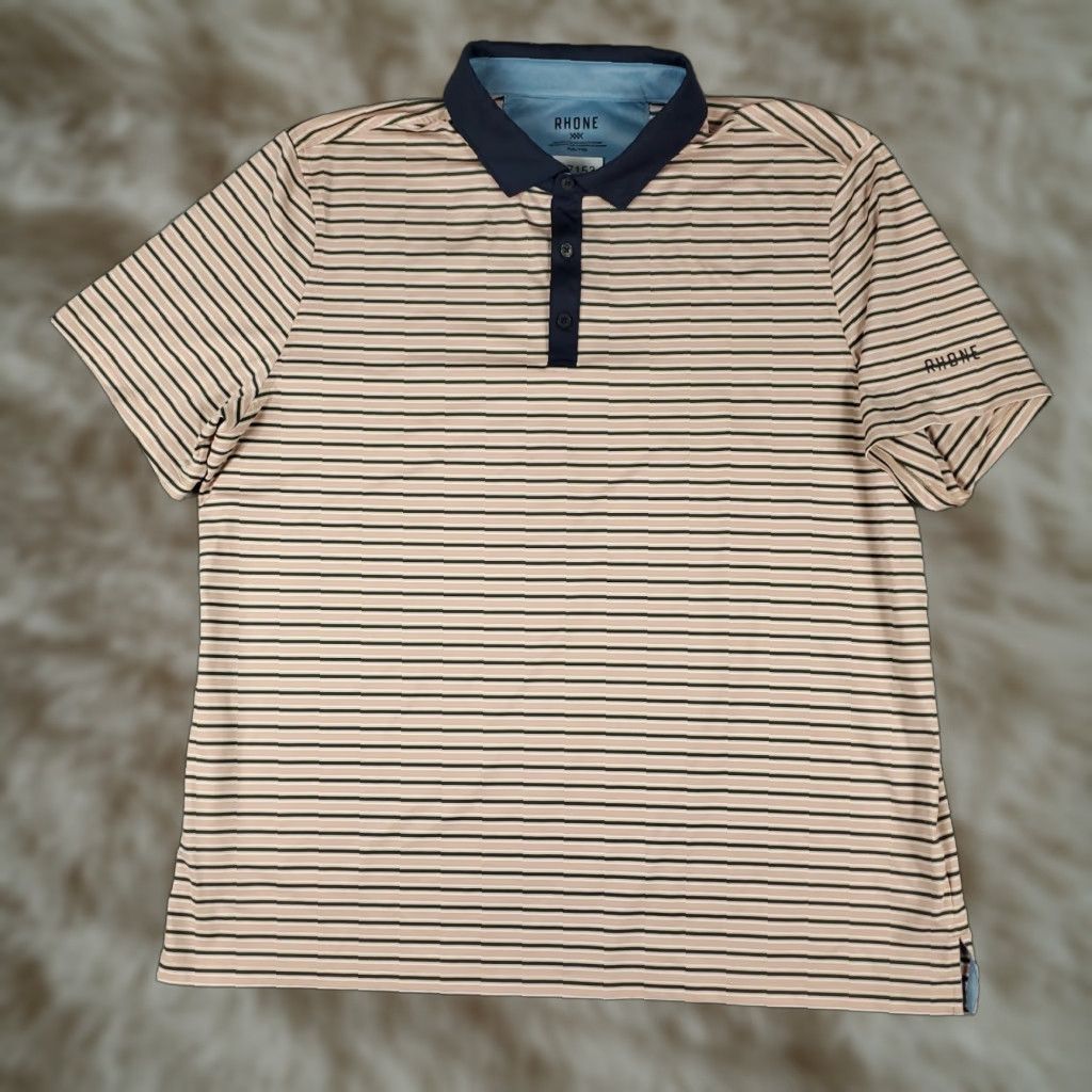 Rhone Rhone Polo Shirt Mens 2XL Peach Blue Striped Casual Golf Short Sleeve Shirt Polo Button Collar Casual Comfort Colorful Modern Preppy Sports Mens Size US XXL / EU 58 / 5 - 1 Thumbnail