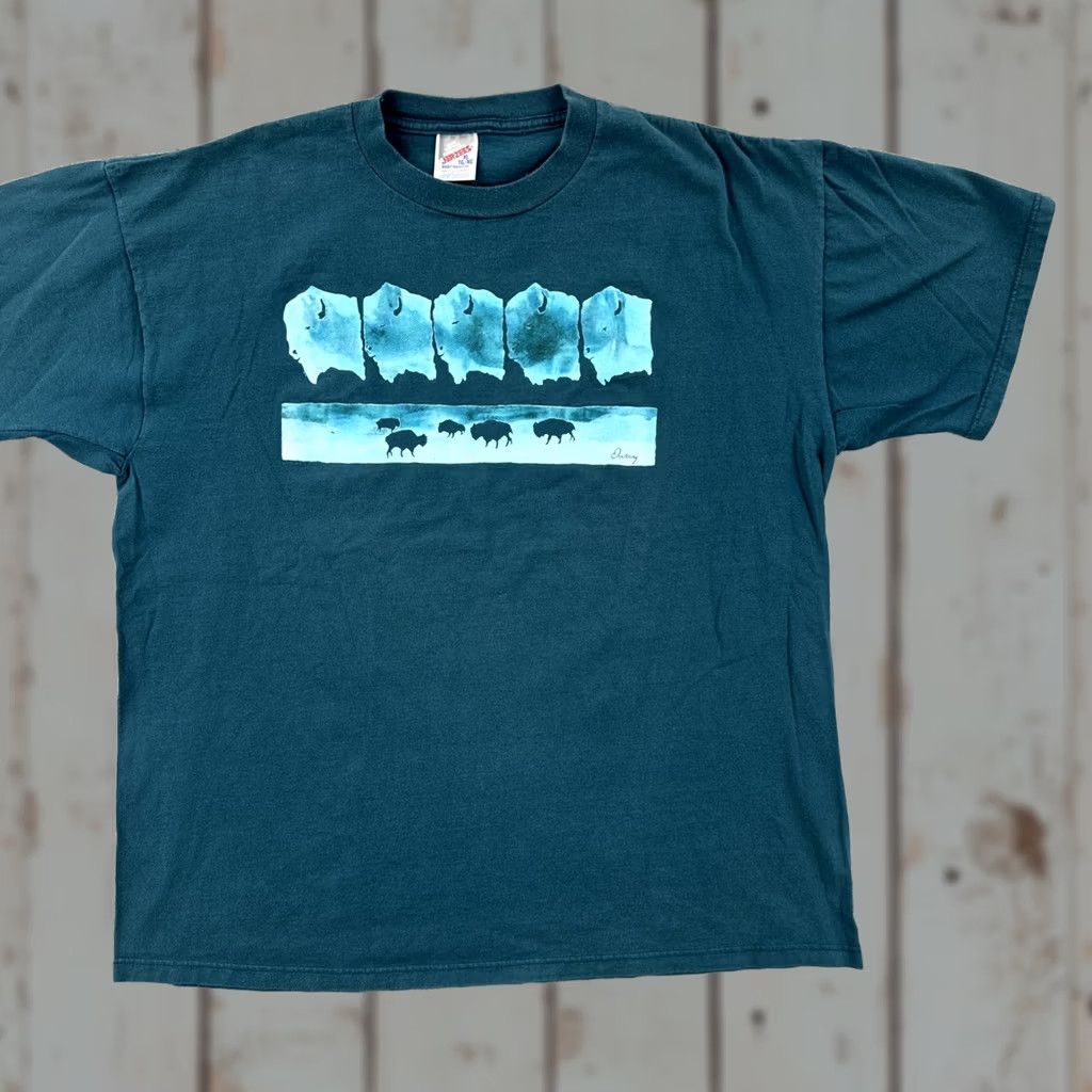 Jerzees VINTAGE Jerzees T-Shirt Mens XL Green Crew Neck Short Sleeve Bison Graphic Print USA 90s Ouray Co Size US XL / EU 56 / 4 - 1 Thumbnail