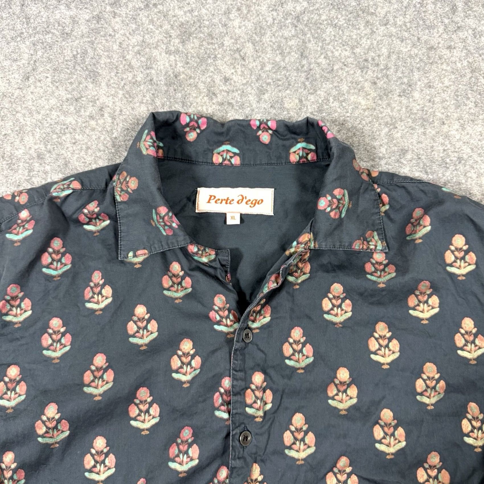 Vintage Perte D’ego Shirt XL Black Floral Print Button-Up Long Sleeve Men’s Regular Fit Size 46R - 3 Thumbnail
