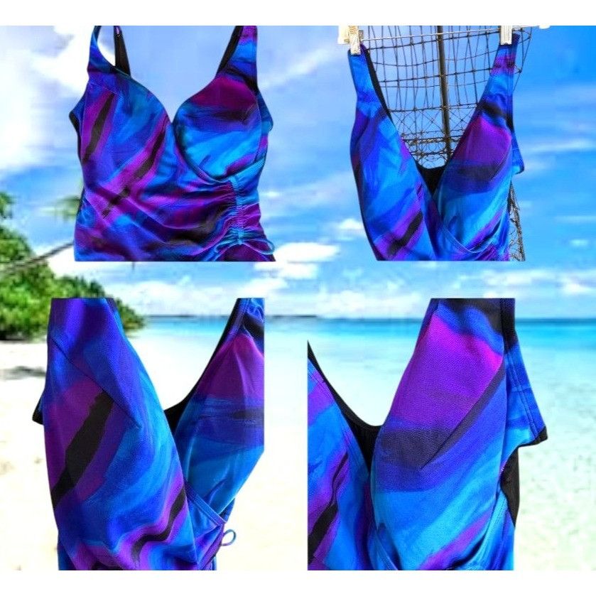Vintage Robby Lynn Swimsuit 18W Blue One Piece Floral Wrap Front Bea Size XL / US 12-14 / IT 48-50 - 2 Thumbnail