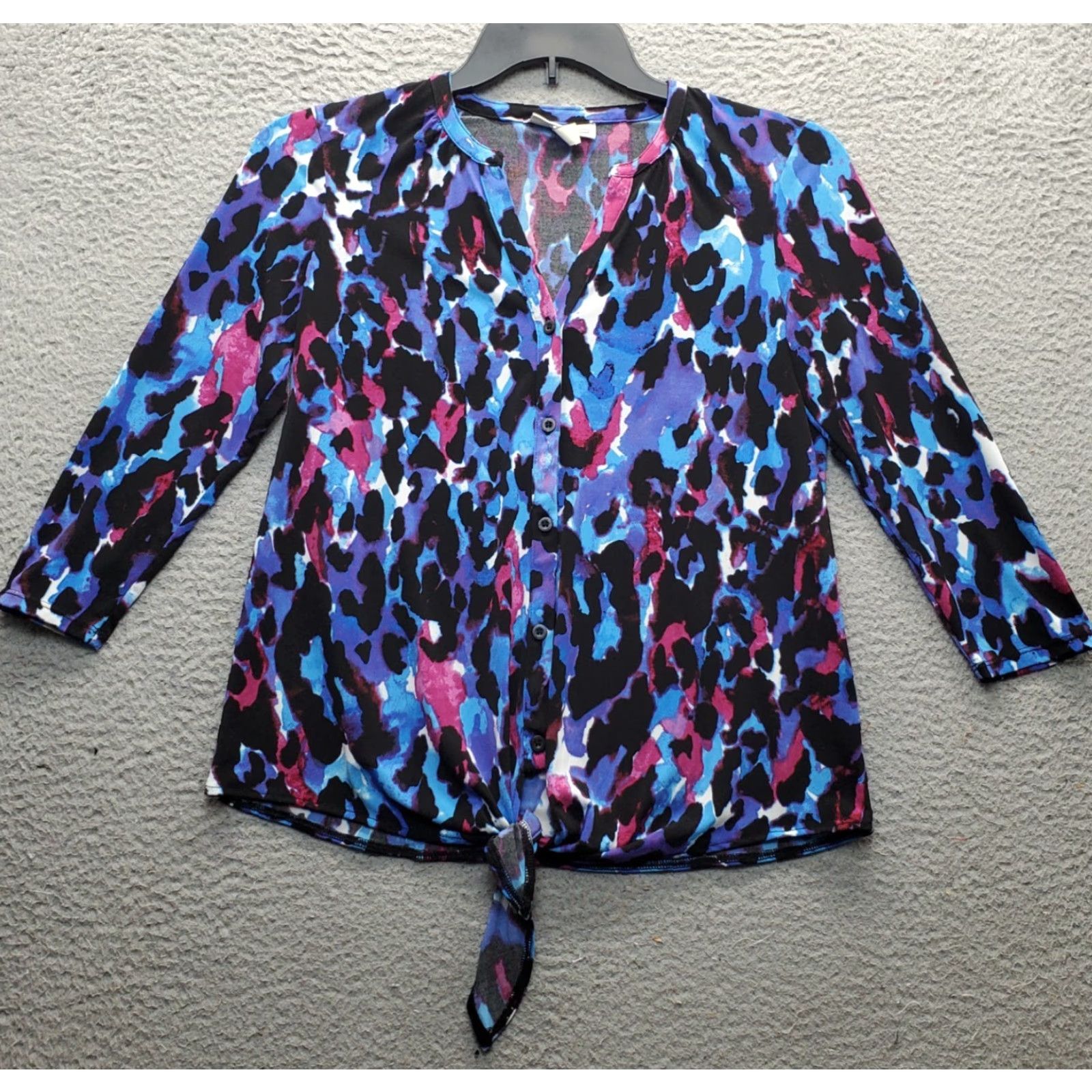 Vintage Dana Buchman Blouse Womens Small Leopard Print Knot Hem Button Front Shirt Size S / US 4 / IT 40 - 2 Thumbnail