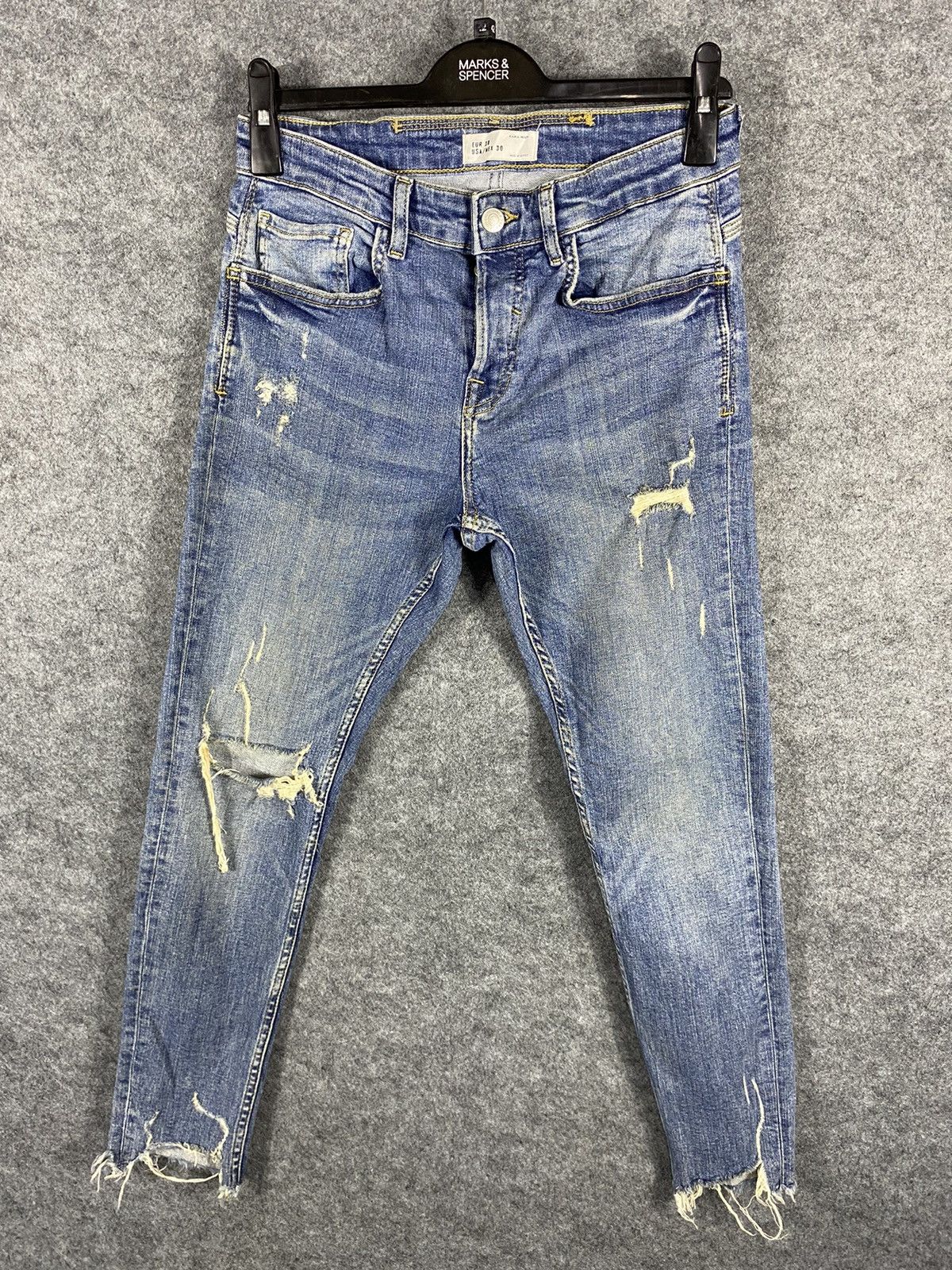 image of Zara Man Distressed Denim Pants in Faded Blue, Men's (Size 29)