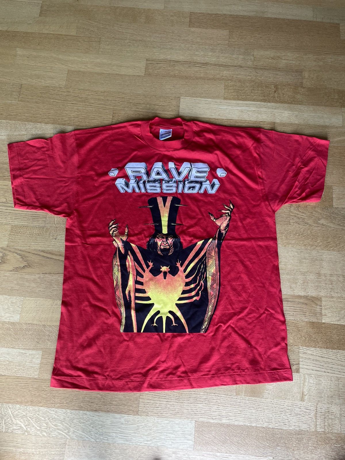 image of Nos 1995 Rave Mission Vintage Techno Merch in Red, Men's (Size XL)