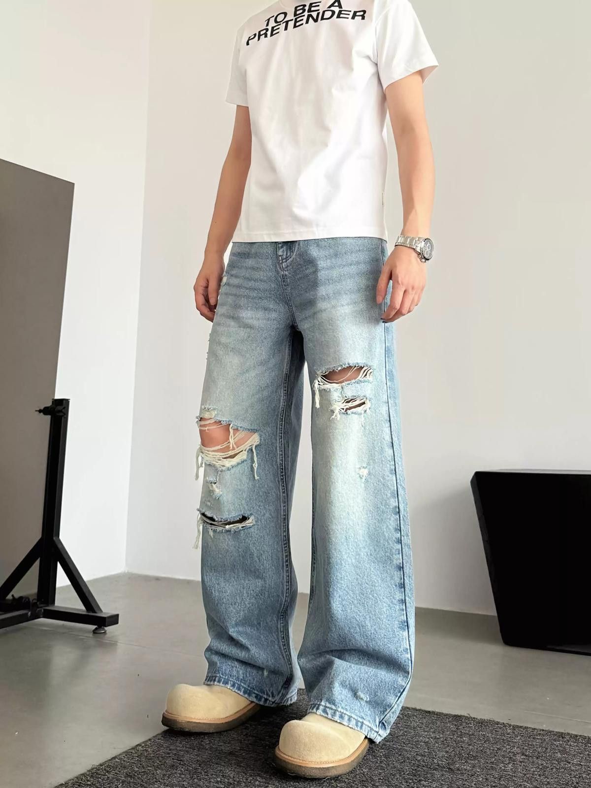 Jean Loose Distressed Ripped Wide Leg Jeans Size US 28 / EU 44 - 1 Thumbnail