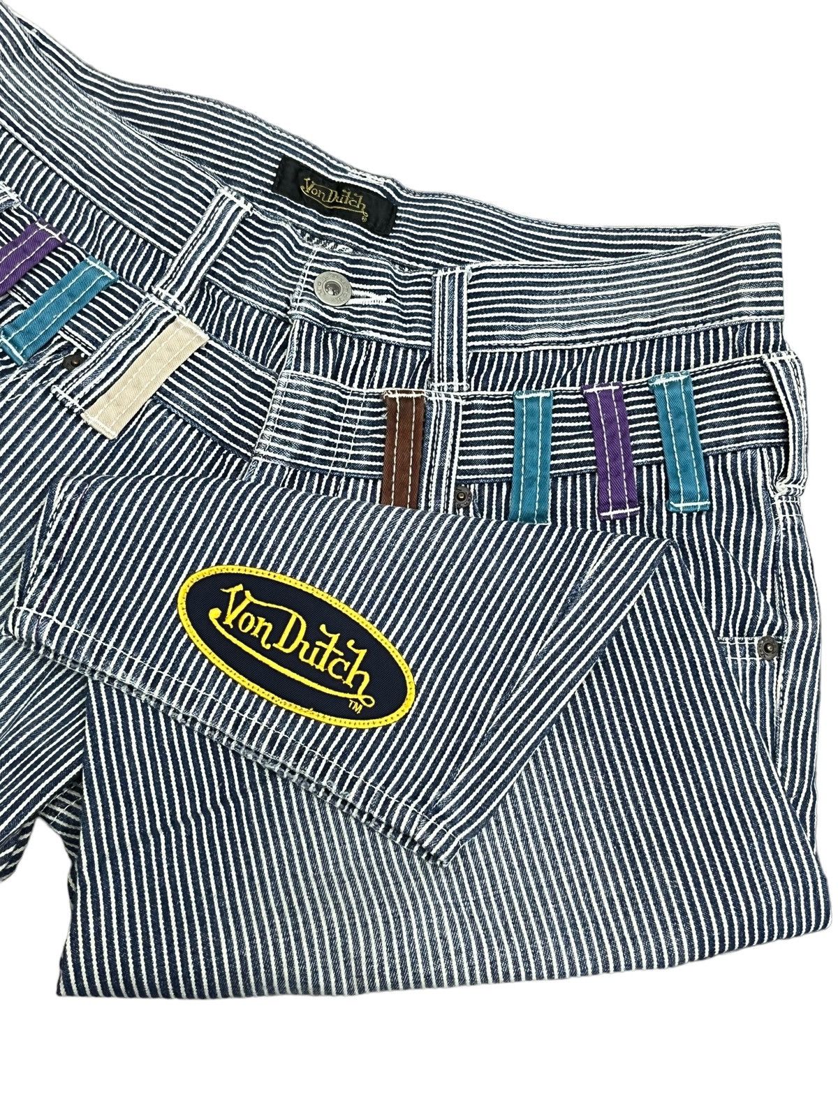 image of Over The Stripes x Vintage 90’S Von Dutch Double Waist Hickory Stripes Denim Shorts in White/Blue (