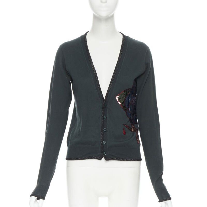 Undercover UNDERCOVER dark green cotton sequins floral patch lurex trimmed cardigan JP1 S Size S / US 4 / IT 40 - 1 Thumbnail