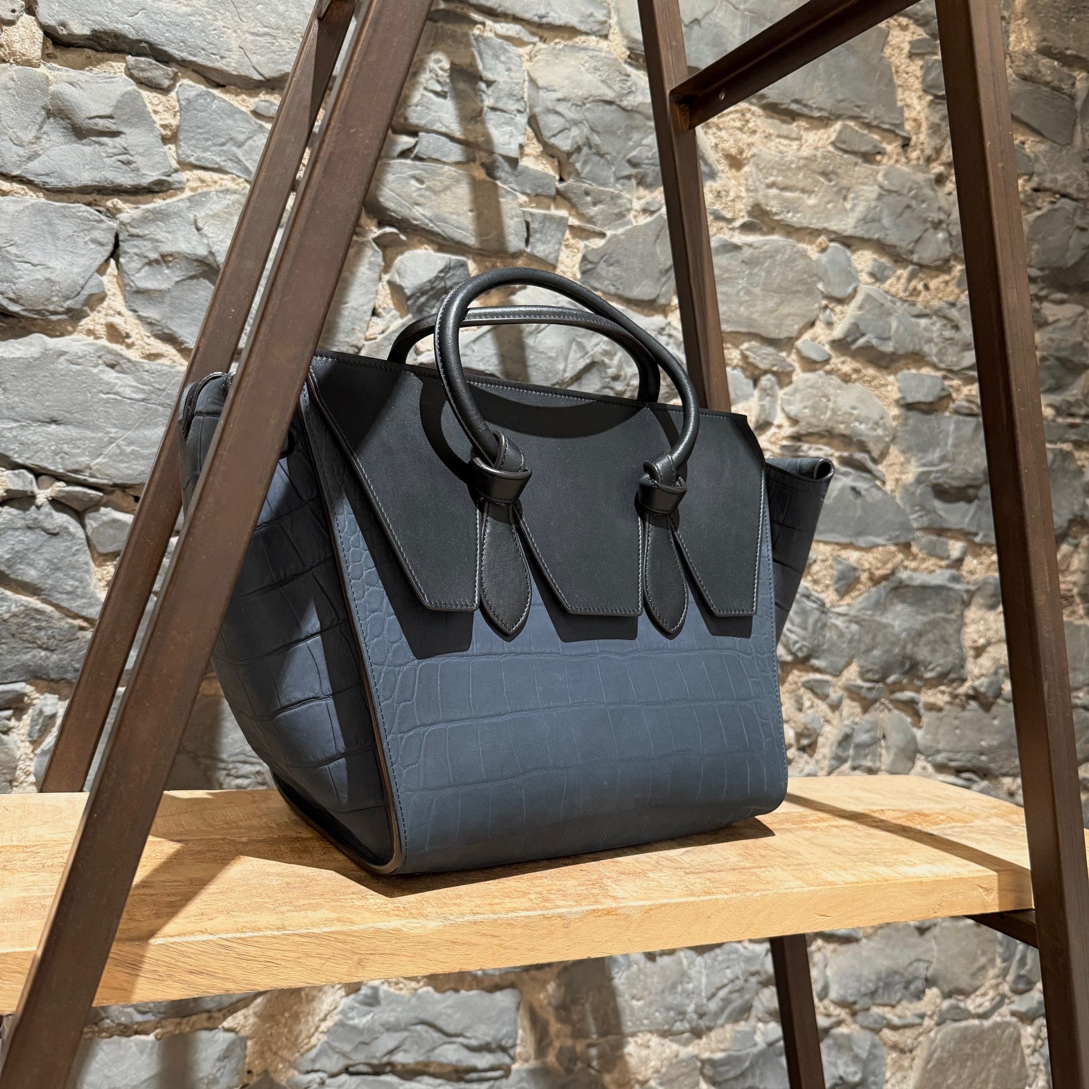 Celine Céline Midnight Blue Croc Embossed Small Tie Knot Tote Size ONE SIZE - 2 Thumbnail