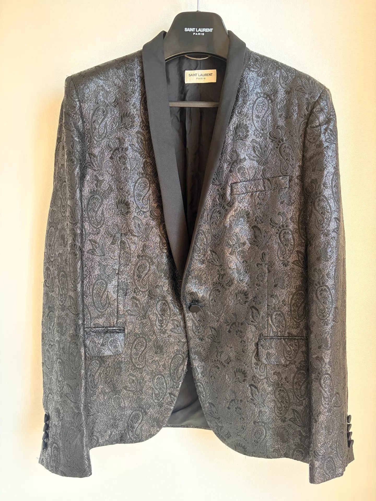 Saint Laurent Paris SLP 15SS Shawl Collar Black Paisley Jacquard Dinner Jacket Size 52R - 1 Thumbnail