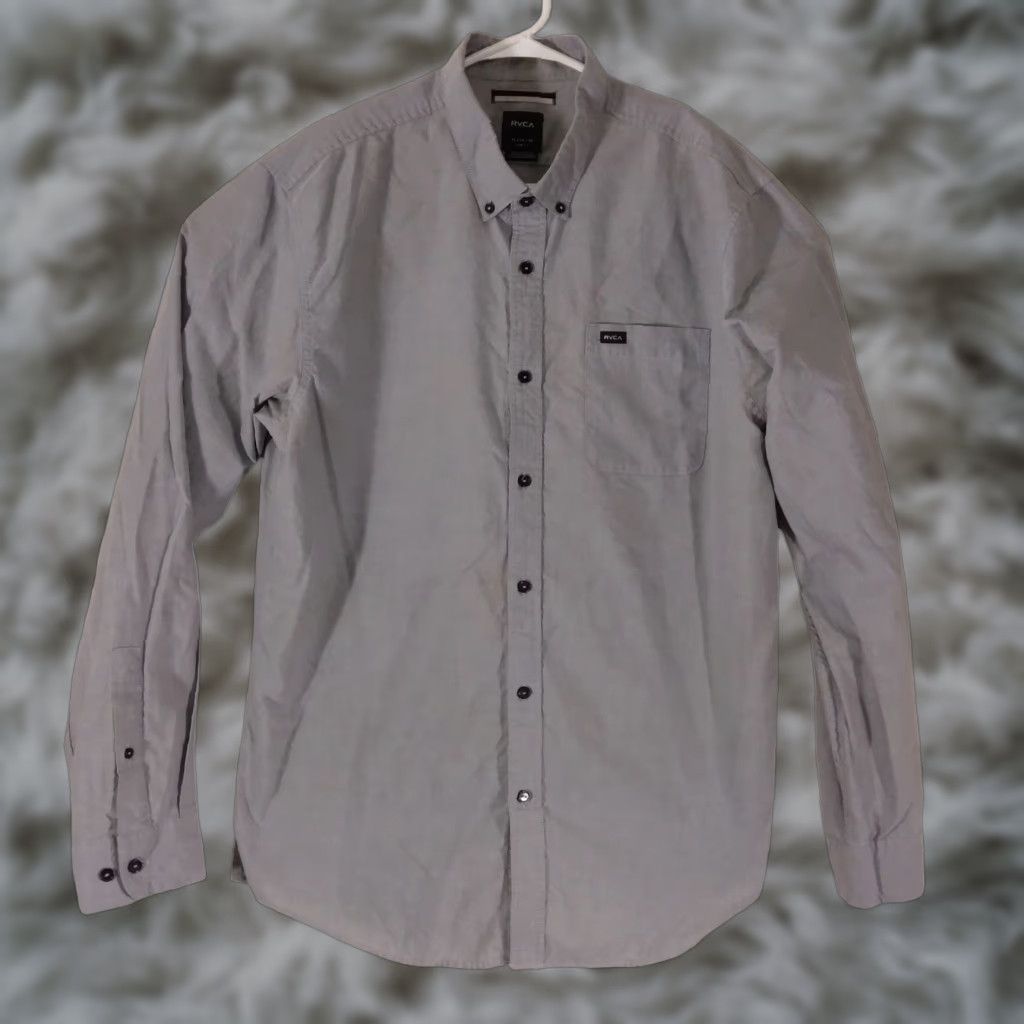 Rvca Shirt Mens XL Xlarge Gray Slim Fit Skate Long Sleeve Button Thin Oxford Shirt in Grey