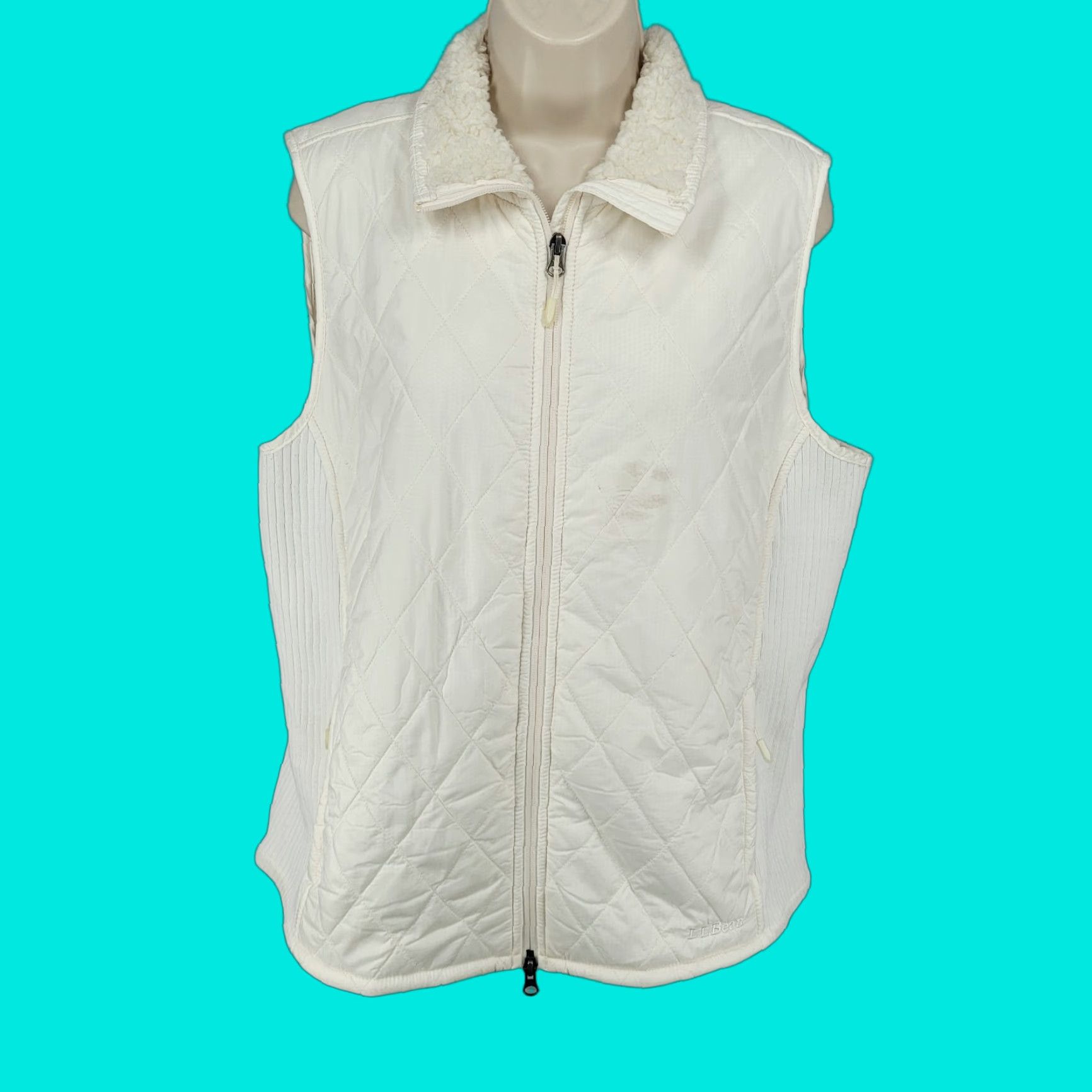 LL Bean Ivory Quilted Sherpa Lined Knit Stretch Side Panels Full Zip Vest XL