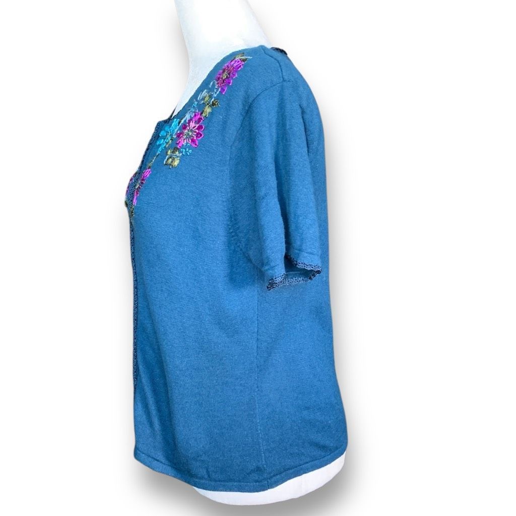 Vintage Vintage R&K Originals Teal Blue Floral Short Sleeve Knit Car Size L / US 10 / IT 46 - 7 Thumbnail