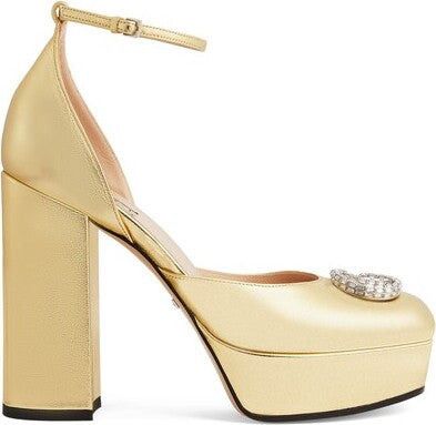 platform pump with crystal double g in gold