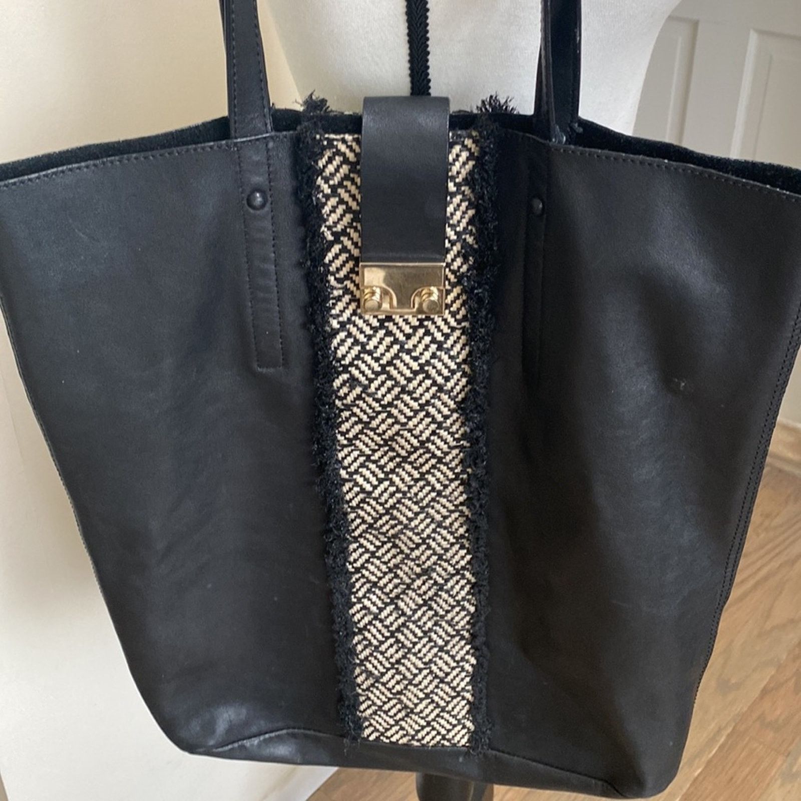 Loeffler Randall Loeffler Randall Black Tall Leather and Raffia Shopping Tote Size ONE SIZE - 2 Thumbnail