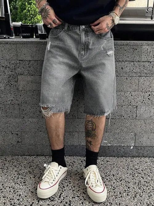 Washed drip denim shorts jorts distressed