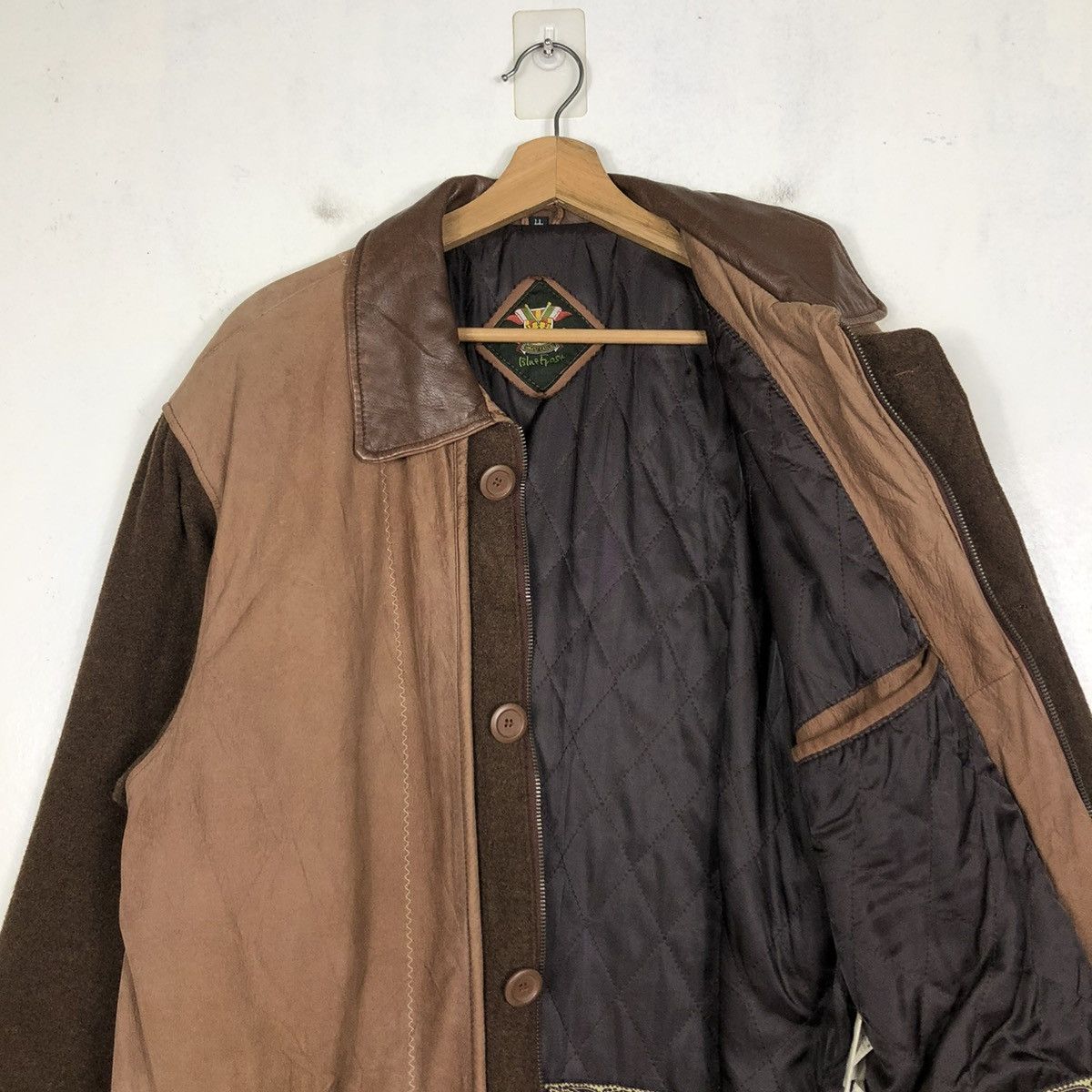 Vintage 📌 WOOL CHORE LEATHER COLLAR JACKET BLUE EFORST ISSEY MIYAKE Size US M / EU 48-50 / 2 - 13 Thumbnail