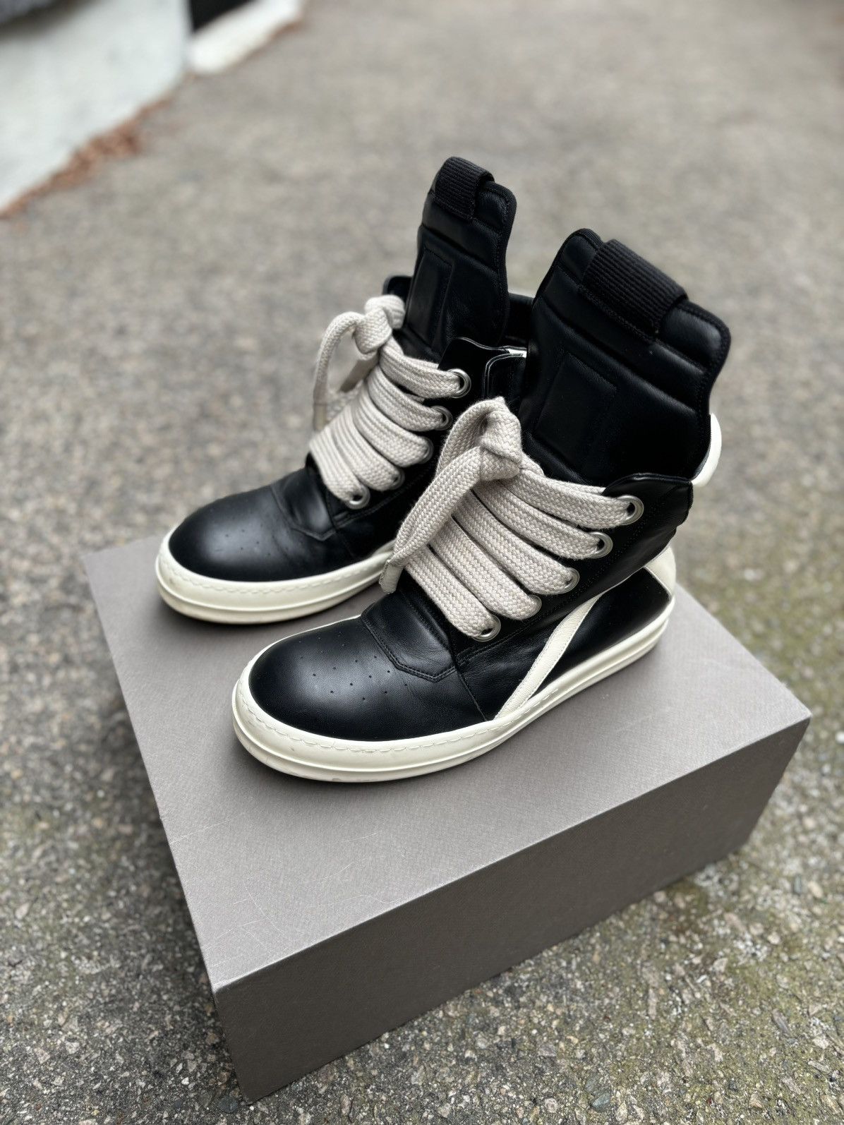 Pre-owned Rick Owens Black And Milk Jumbo Lace Geobasket Shoes