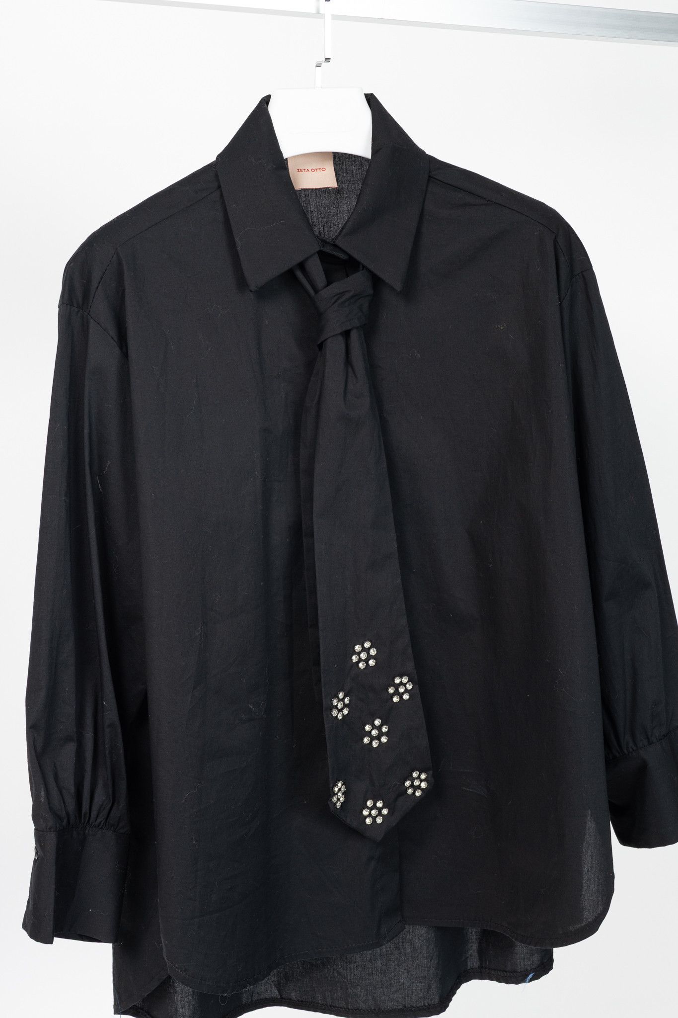 Other Zeta Otto Black Cotton Poplin Embellished-Tie Buttoned Shirt Size XL / US 12-14 / IT 48-50 - 3 Thumbnail