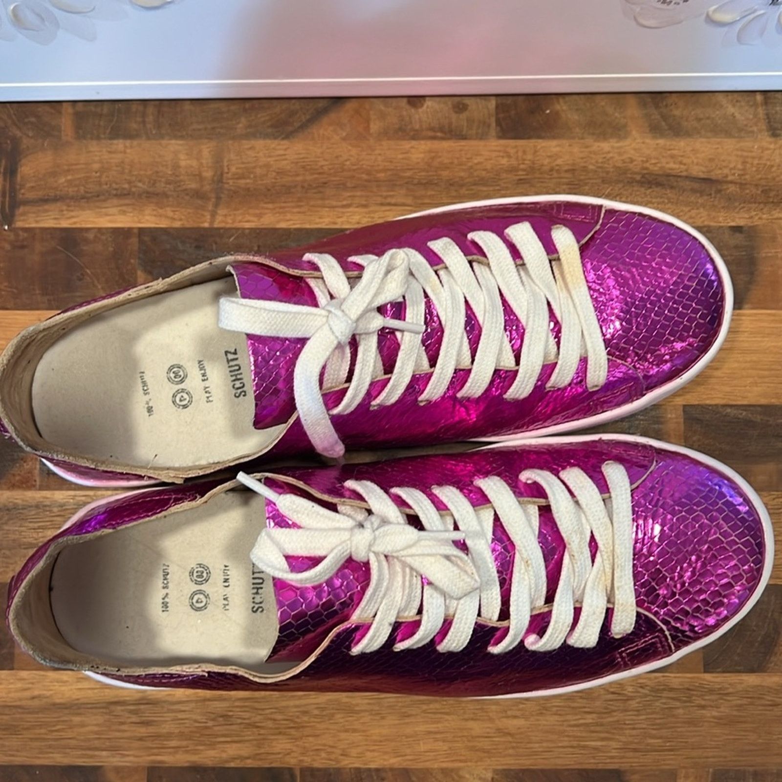 SCHUTZ Schultz Ofelia Metallic Pink Leather Casual Lace-up Sneakers Size US 9.5 / IT 39.5 - 8 Thumbnail