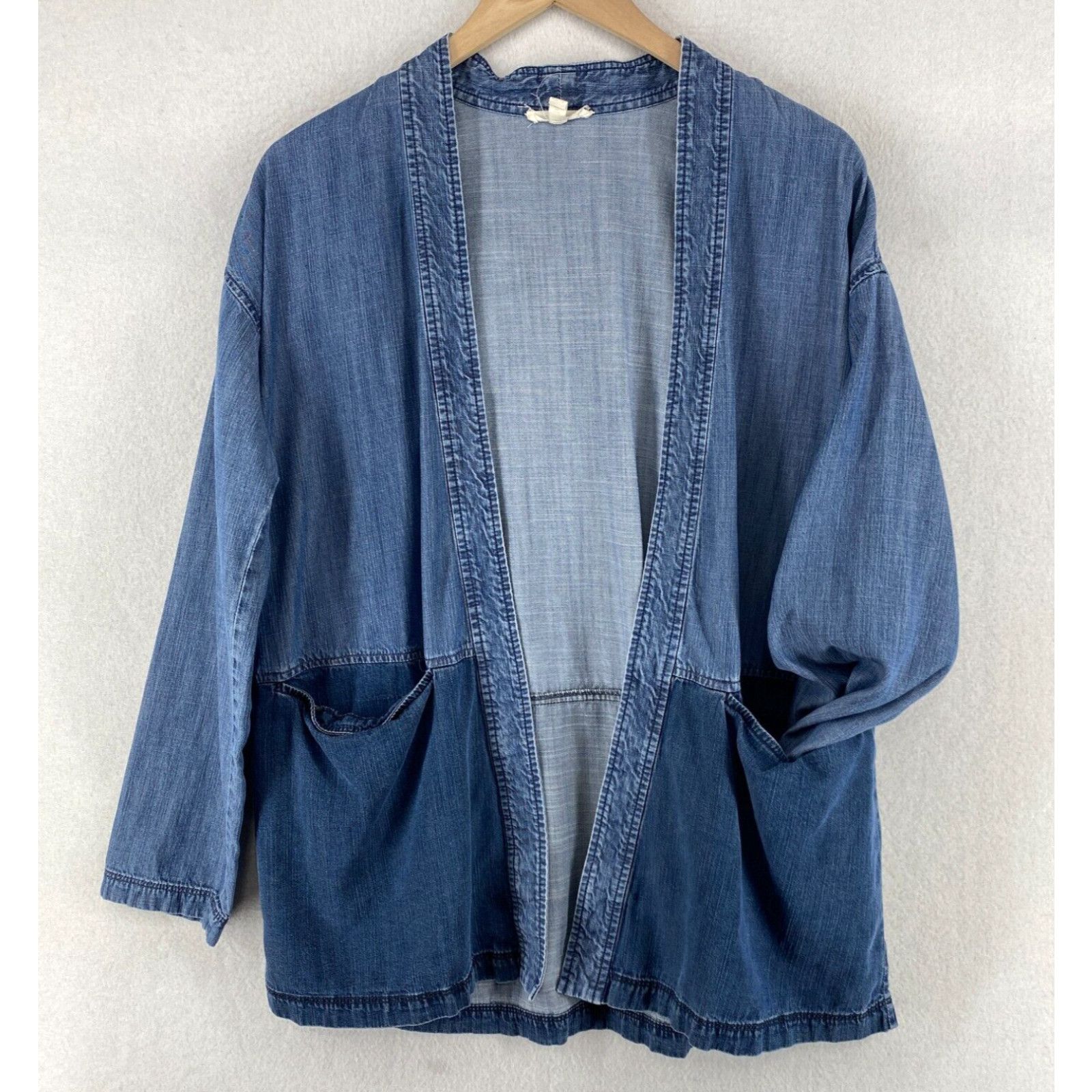 image of Eileen Fisher Top Xs Tencel Cotton Denim Kimono Jacket Long Sleeve Blue in White, Women's