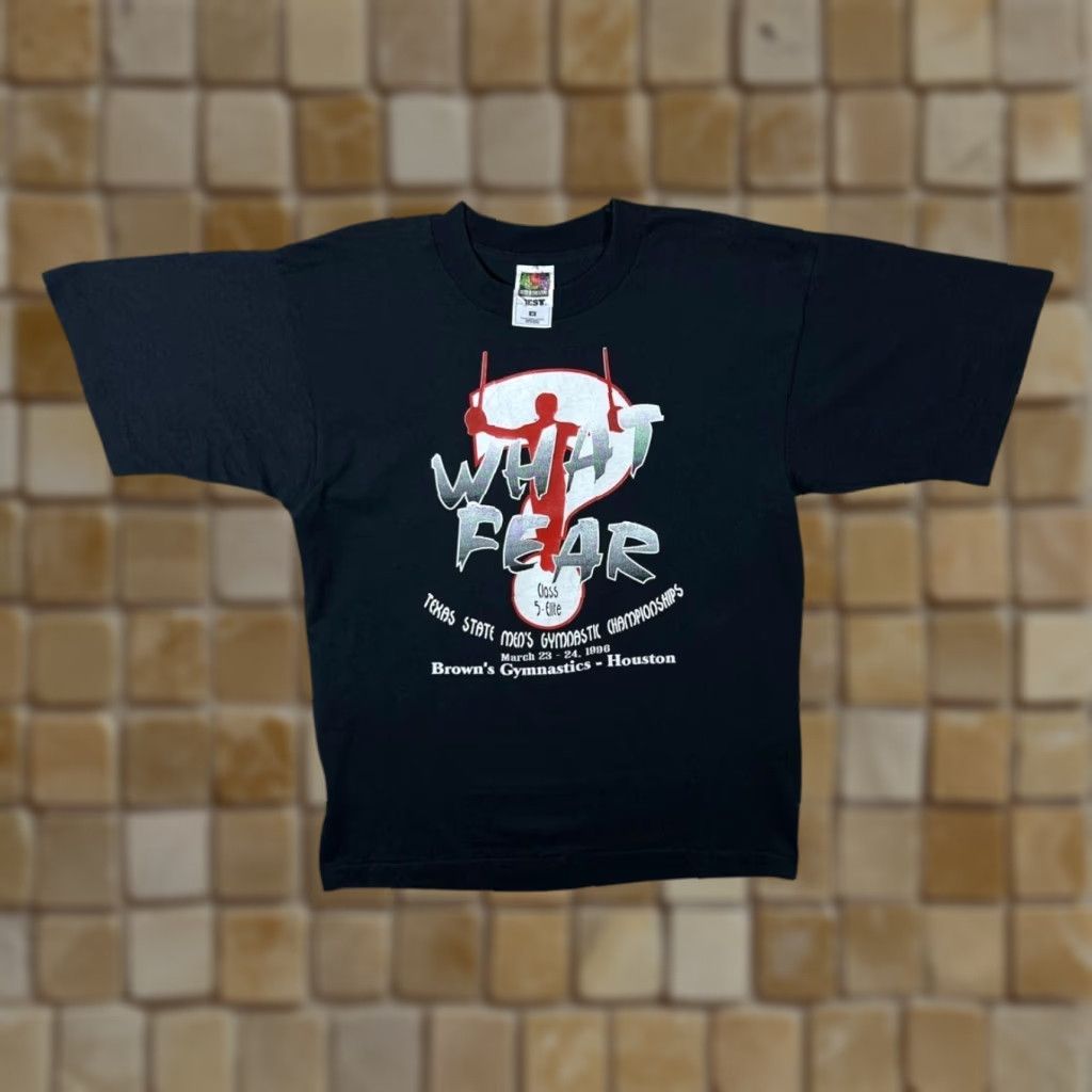 Fruit Of The Loom Vintage What Fear? (1996) “Texas State Men’s Gymnastics Championships” Single Stitch T-Shirt M Short Sleeve Cotton Black Fruit of the Loom Mens XXL? Size US S / EU 44-46 / 1 - 1 Thumbnail