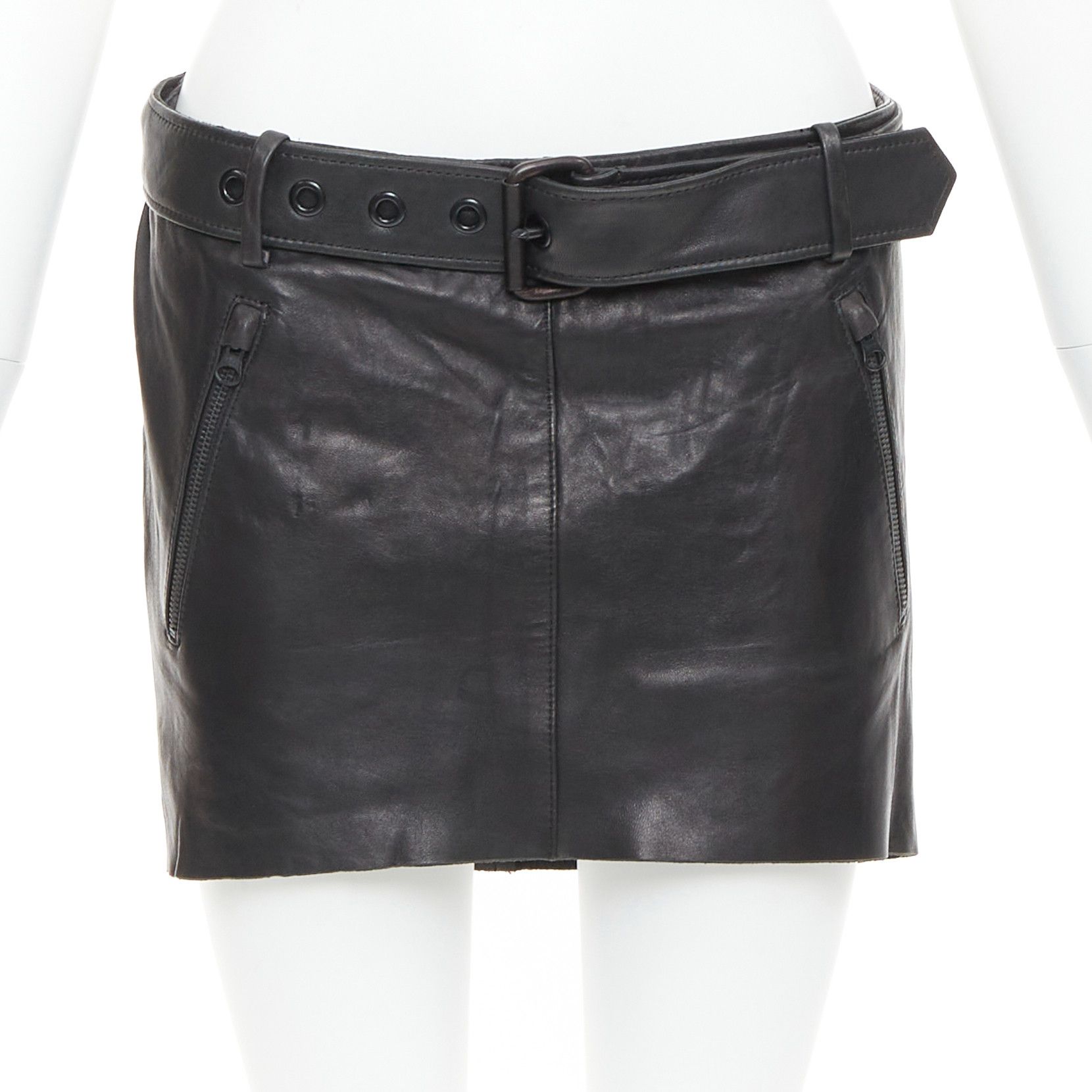 Acne Studios ACNE STUDIOS 2011 Mimi black tumbled lamb leather biker asymmetric skirt FR36 S Size 27" / US 4 / IT 40 - 1 Thumbnail