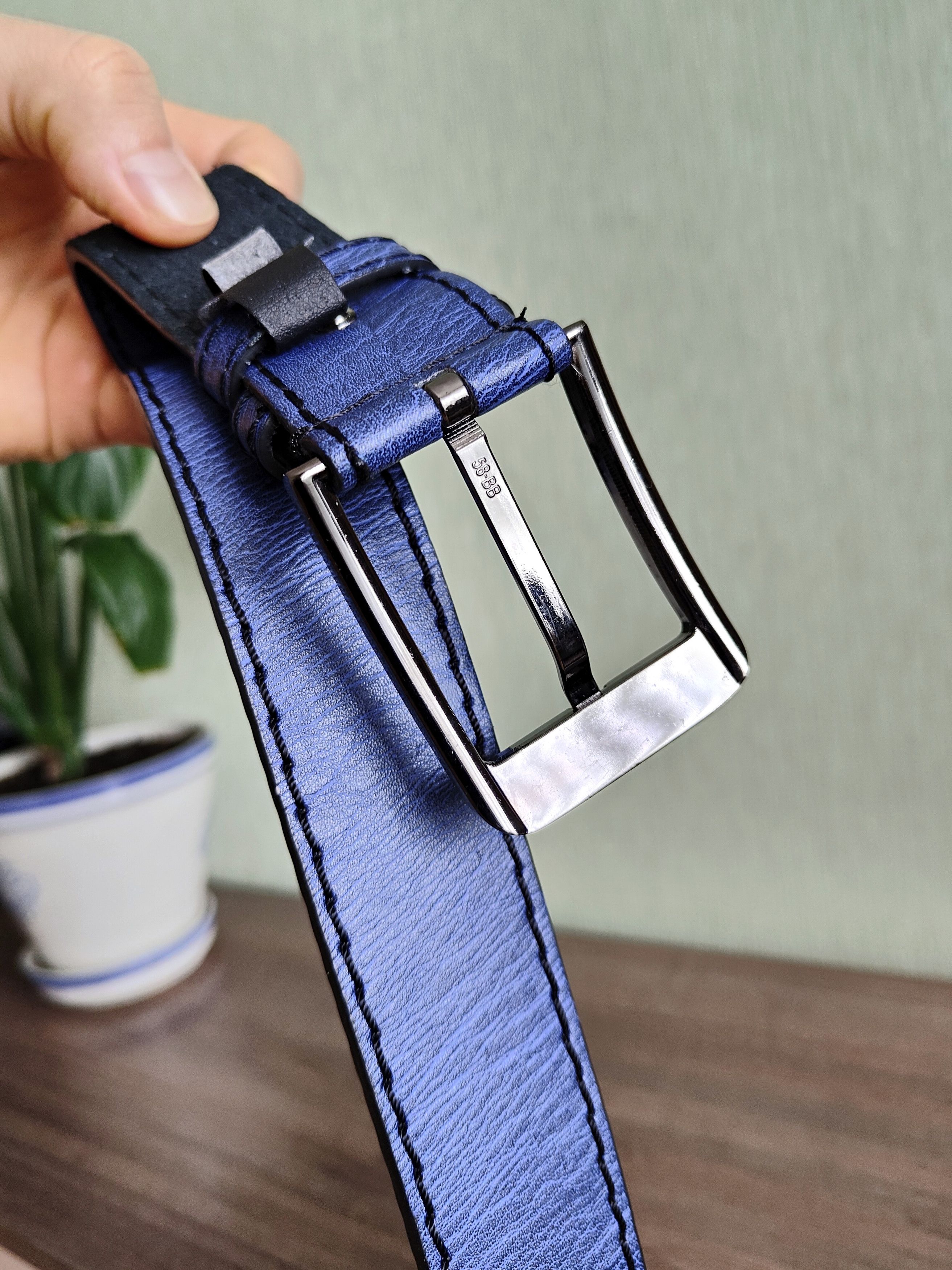 Genuine Leather Men's Leather Belt Blue Nova Check Leather Belt Size ONE SIZE - 8 Thumbnail