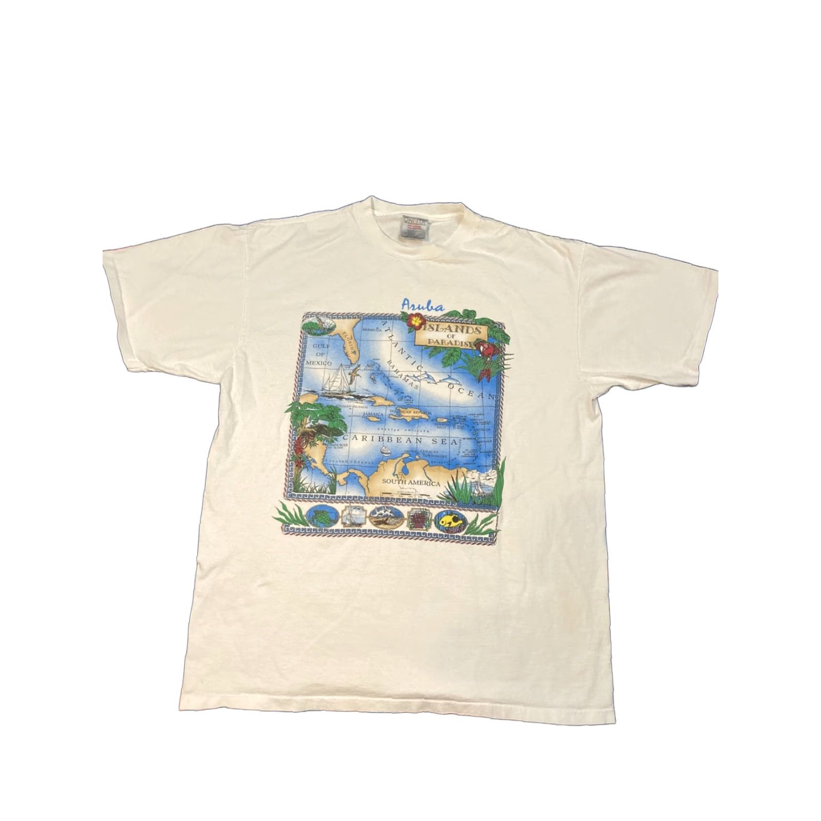 Vintage VINTAGE Oneita Aruba Islands Paradise Nature Tee XL White T-Shirt Mens Stitch, Nature, Vintage, White, XL, Regular Size US XL / EU 56 / 4 - 1 Thumbnail