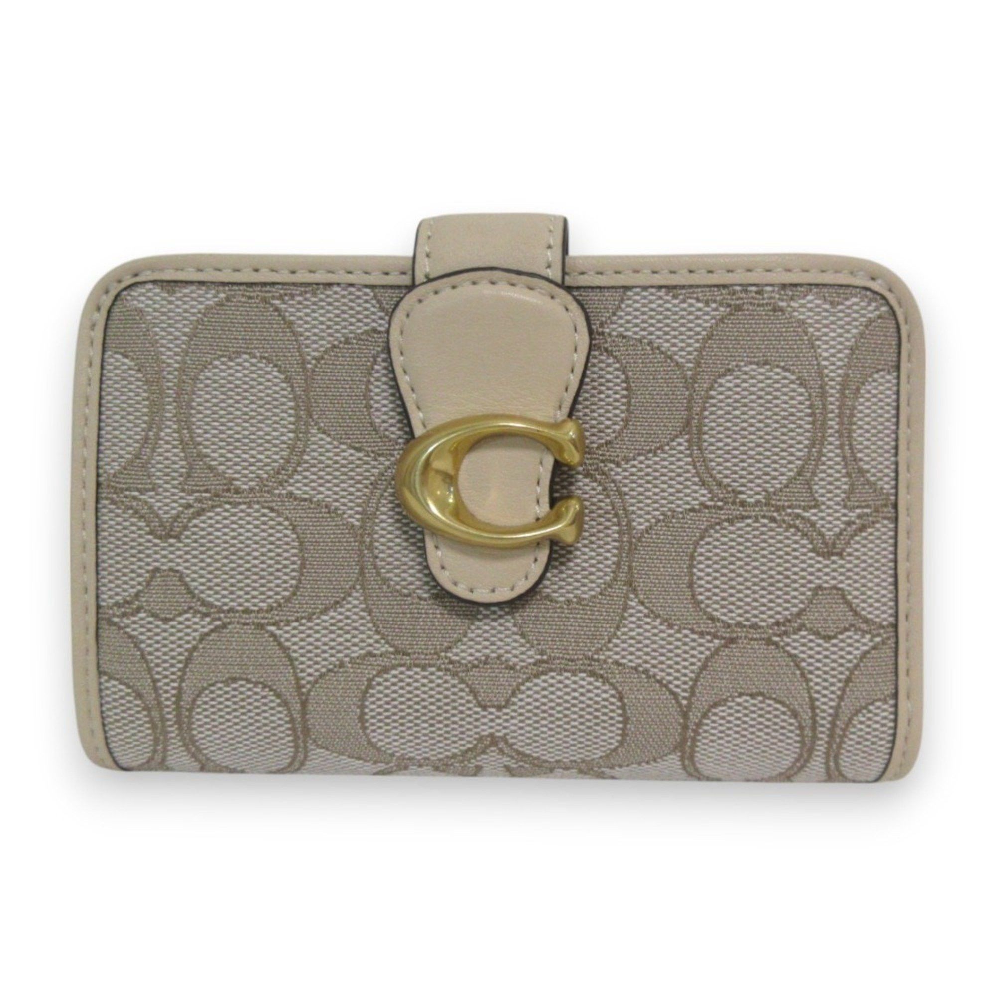 Coach COACH Leather Signature Jacquard Tabby Bi-fold Wallet Compact CA194 Beige x Gold Hardware Women's Size ONE SIZE - 1 Thumbnail