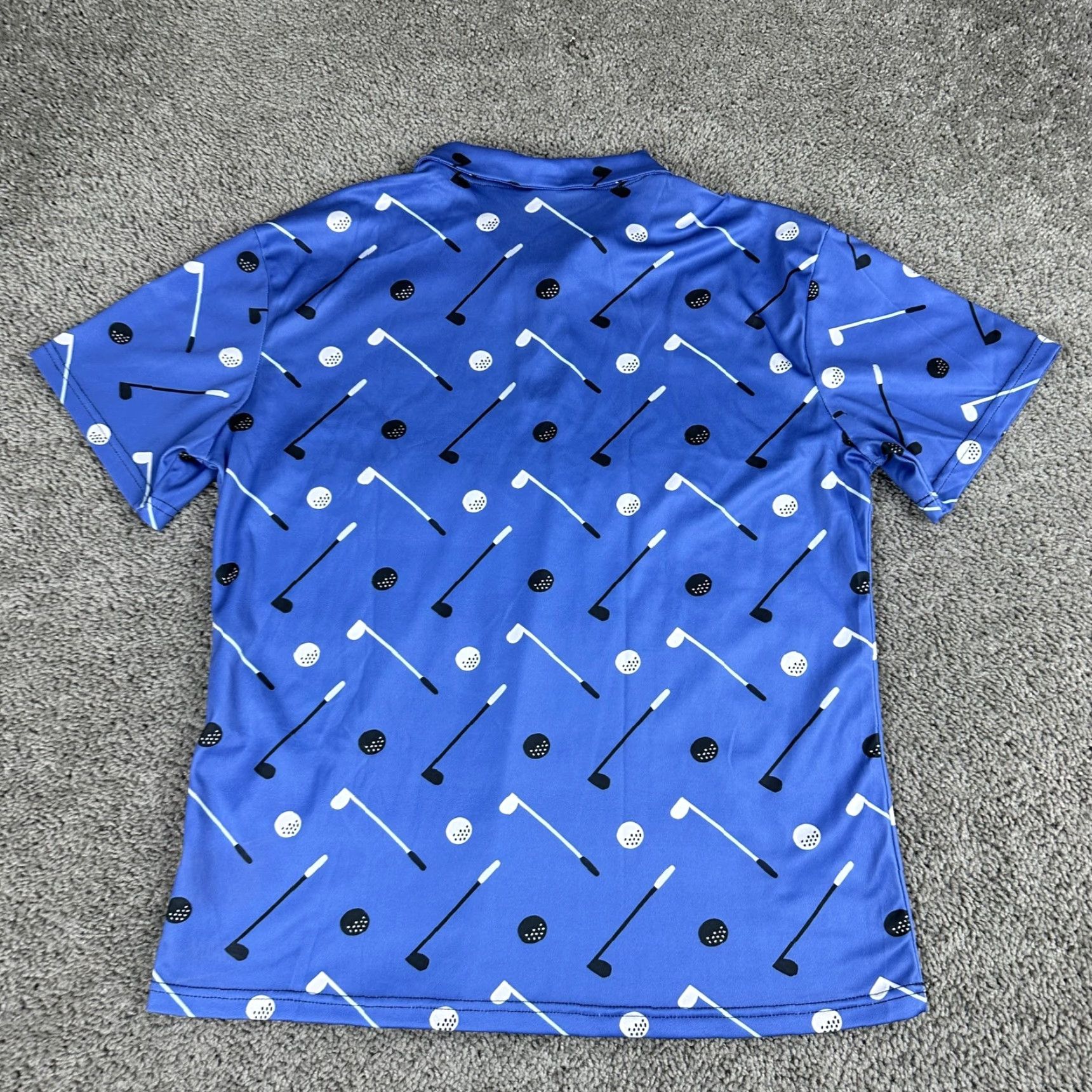 Vintage Golf Polo Shirt Mens Large Blue All Over Print Clubs Balls Novelty Short Sleeve Size US L / EU 52-54 / 3 - 6 Thumbnail